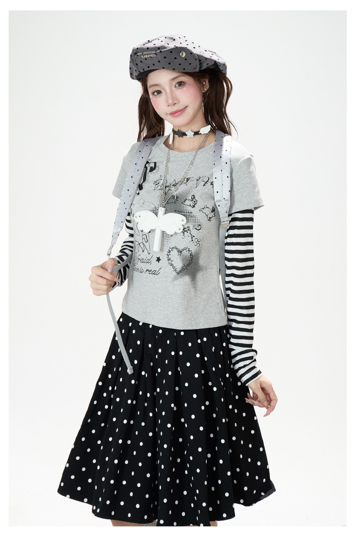 Striped Faux-Layered Graphic Long Sleeve Top & Polka Dot Pleated Mini Skirt