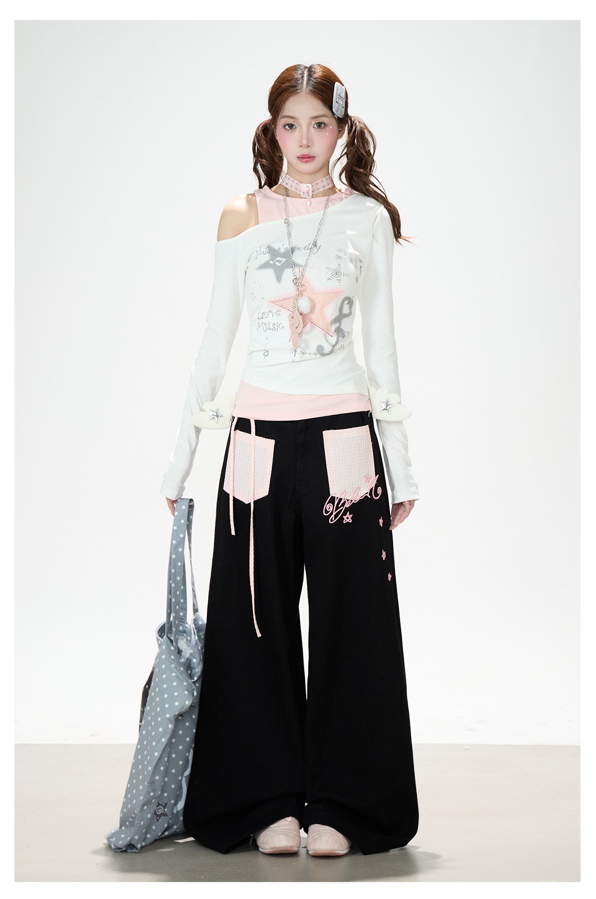Star Melody Off-Shoulder Long Sleeve Top & Contrast Pocket Wide-Leg Pants