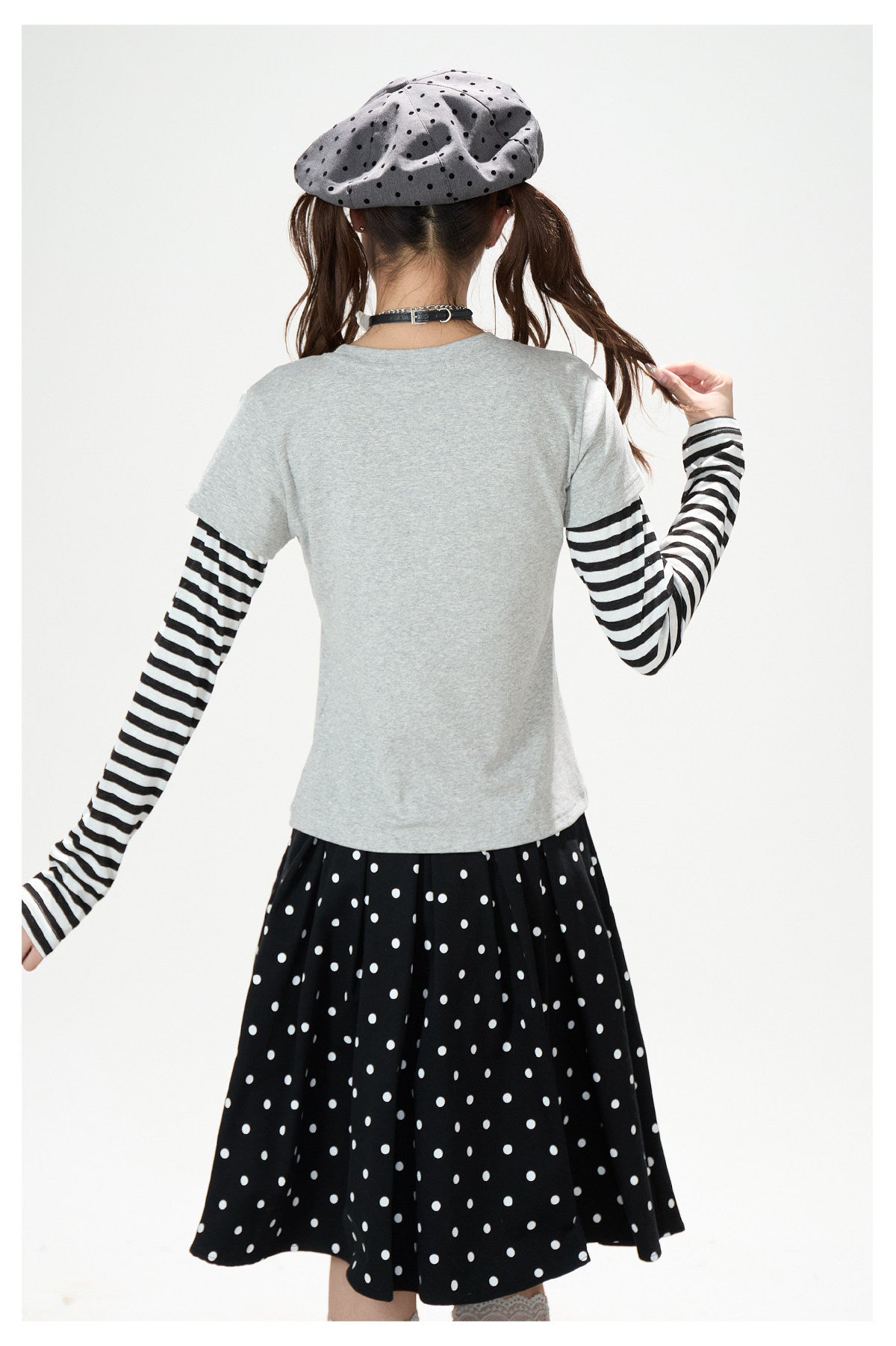 Striped Faux-Layered Graphic Long Sleeve Top & Polka Dot Pleated Mini Skirt