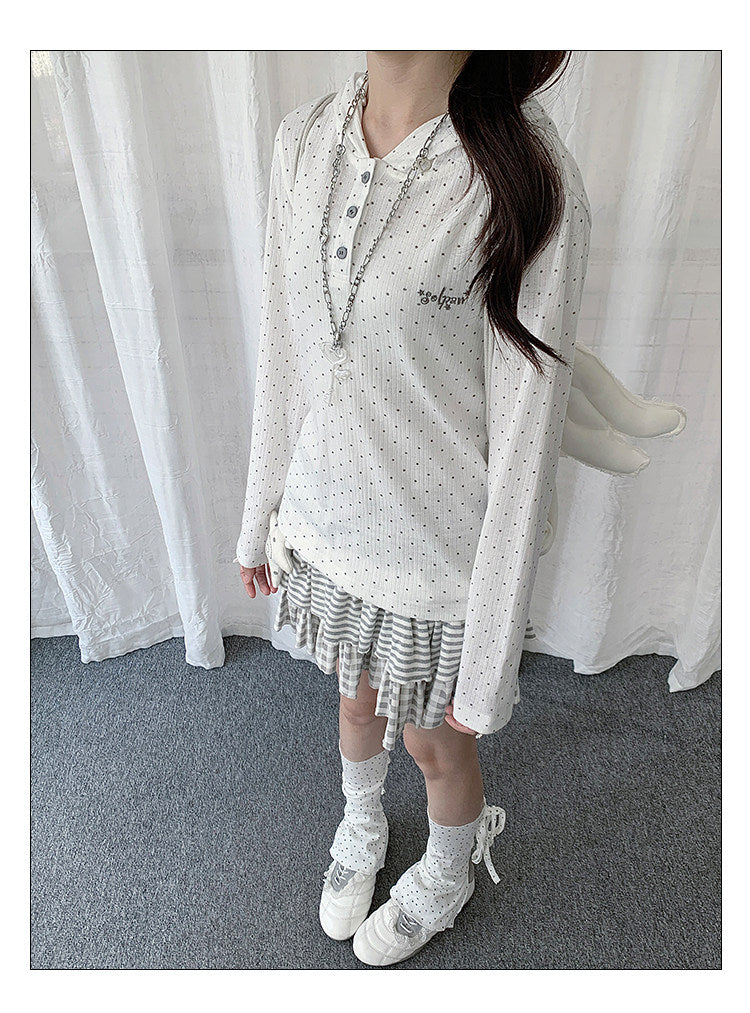 Polka Dot Henley Hooded Long Sleeve Top