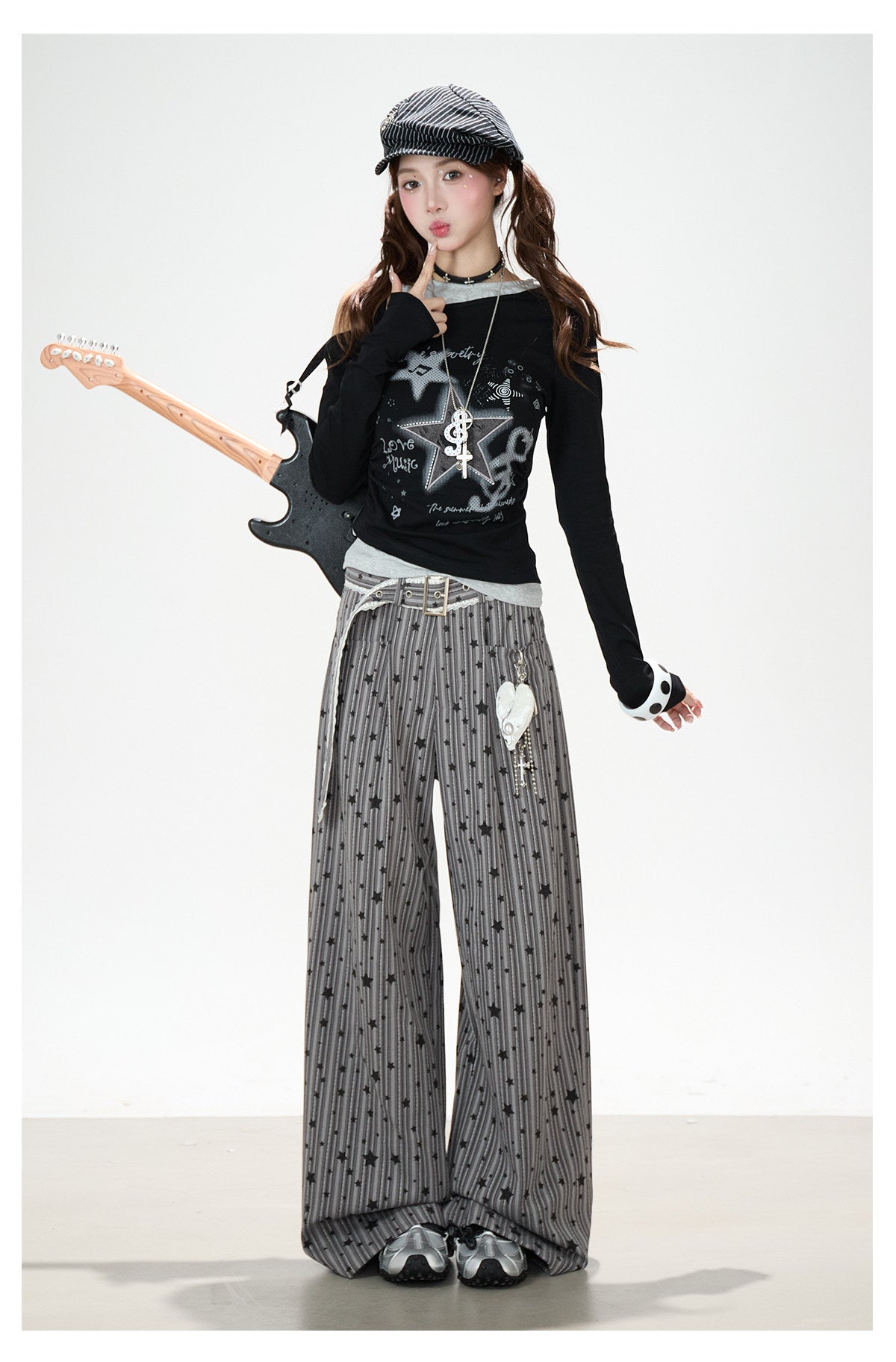 Star Melody Off-Shoulder Long Sleeve Top & Contrast Pocket Wide-Leg Pants