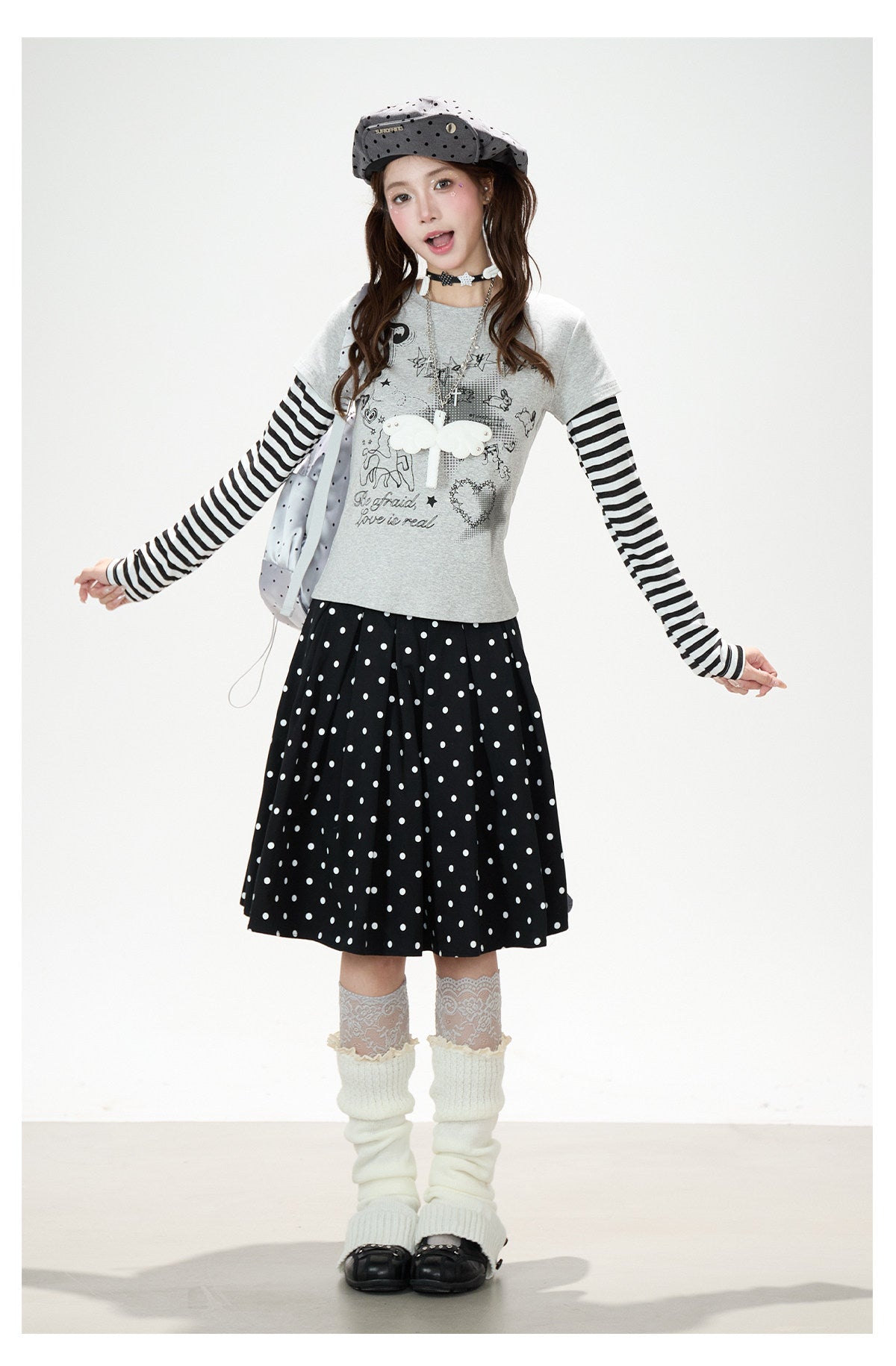 Striped Faux-Layered Graphic Long Sleeve Top & Polka Dot Pleated Mini Skirt
