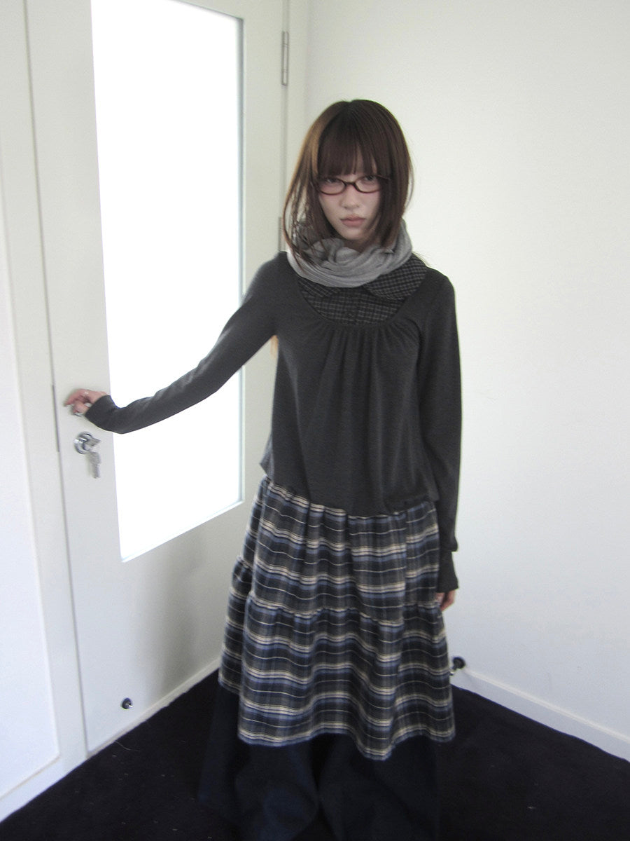 Plaid Collar Gathered Layered Long Sleeve Top