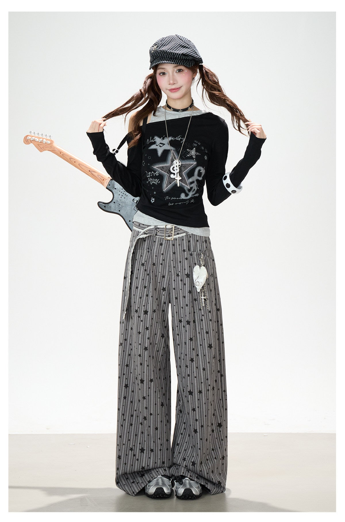 Star Melody Off-Shoulder Long Sleeve Top & Contrast Pocket Wide-Leg Pants