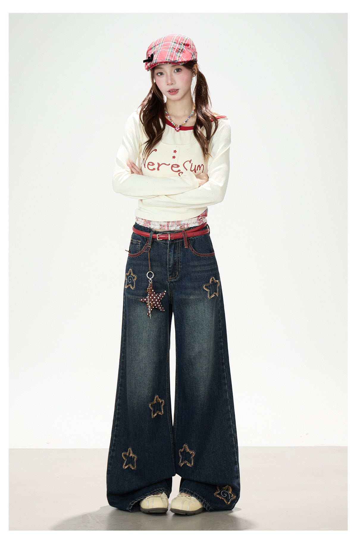 Letter Print Layered Long Sleeve Top & Star Patch Wide-Leg Jeans