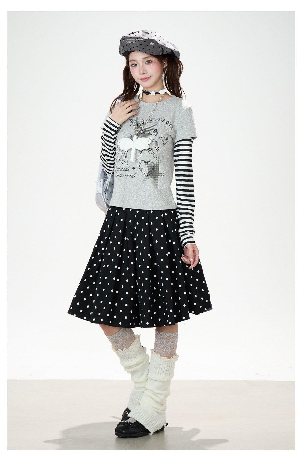 Striped Faux-Layered Graphic Long Sleeve Top & Polka Dot Pleated Mini Skirt