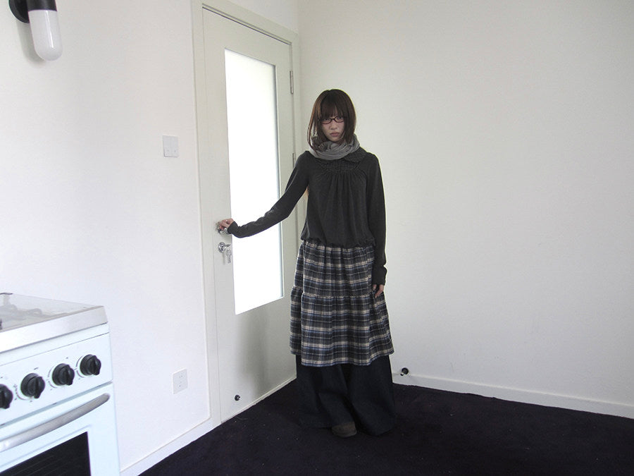 Plaid Collar Gathered Layered Long Sleeve Top