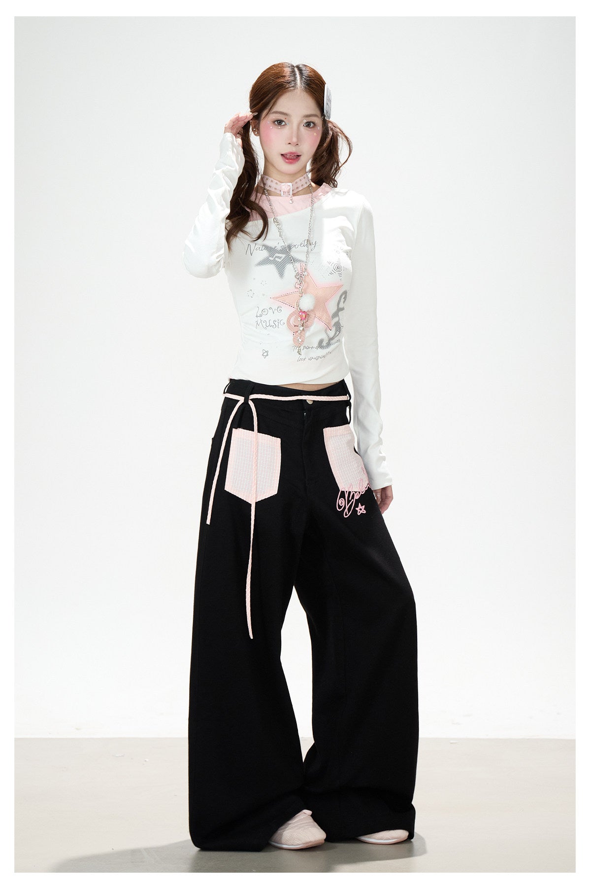 Star Melody Off-Shoulder Long Sleeve Top & Contrast Pocket Wide-Leg Pants