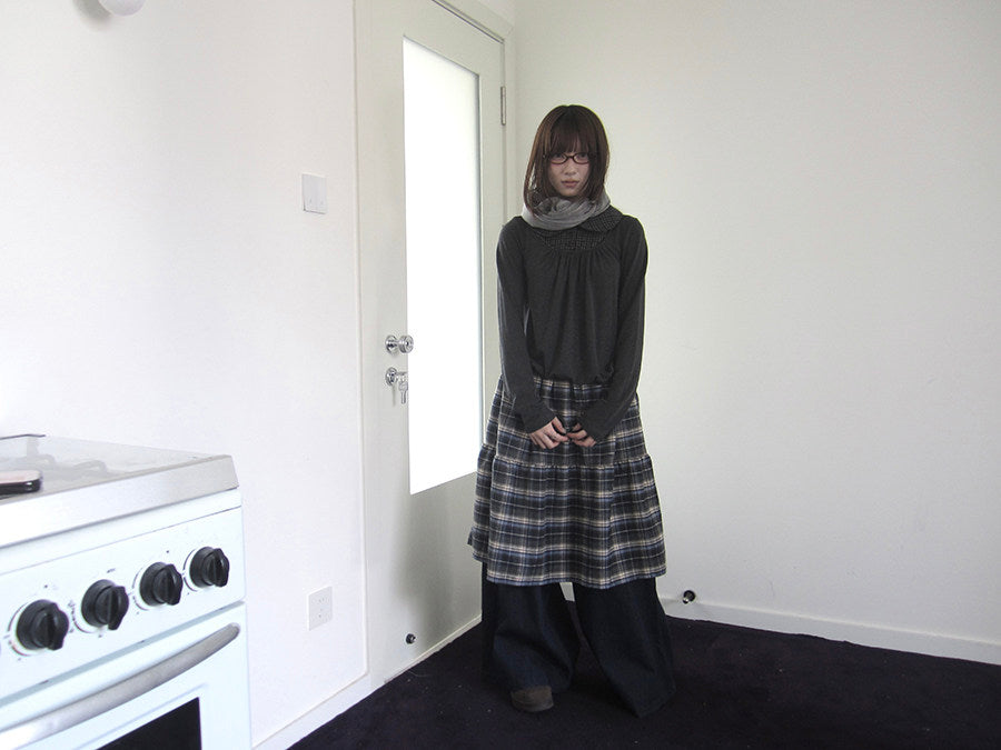 Plaid Collar Gathered Layered Long Sleeve Top