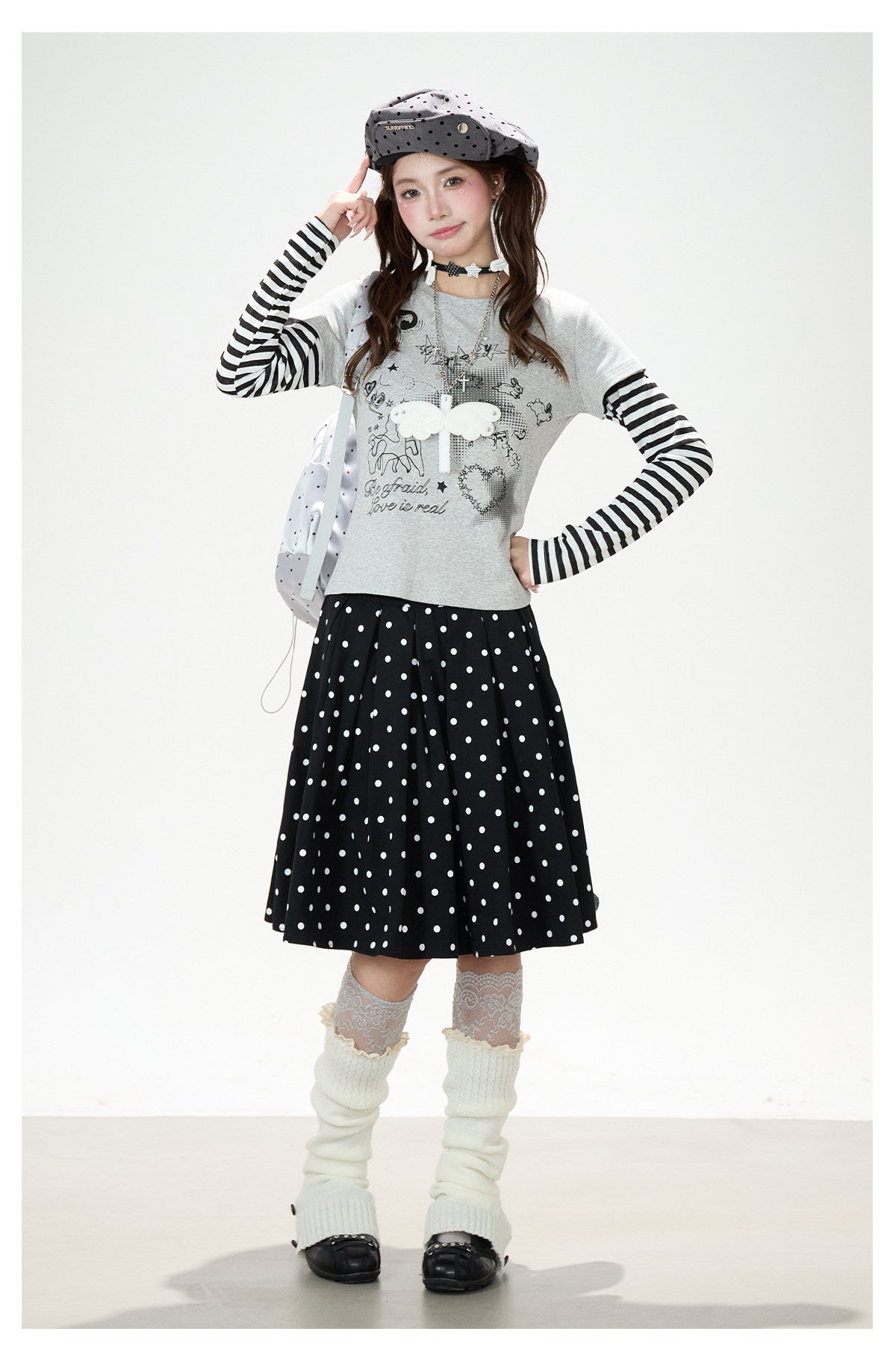 Striped Faux-Layered Graphic Long Sleeve Top & Polka Dot Pleated Mini Skirt