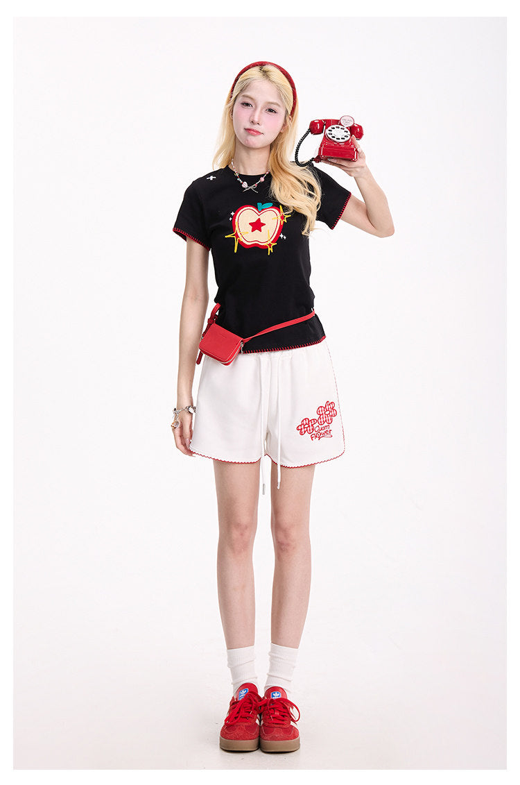 Embroidered Apple Contrast-Stitch Fitted Tee