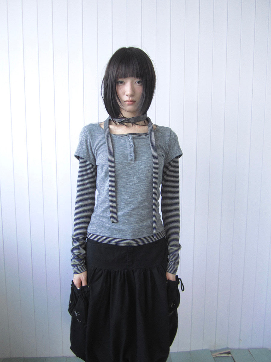 Striped Layered Scarf Henley Long Sleeve Top