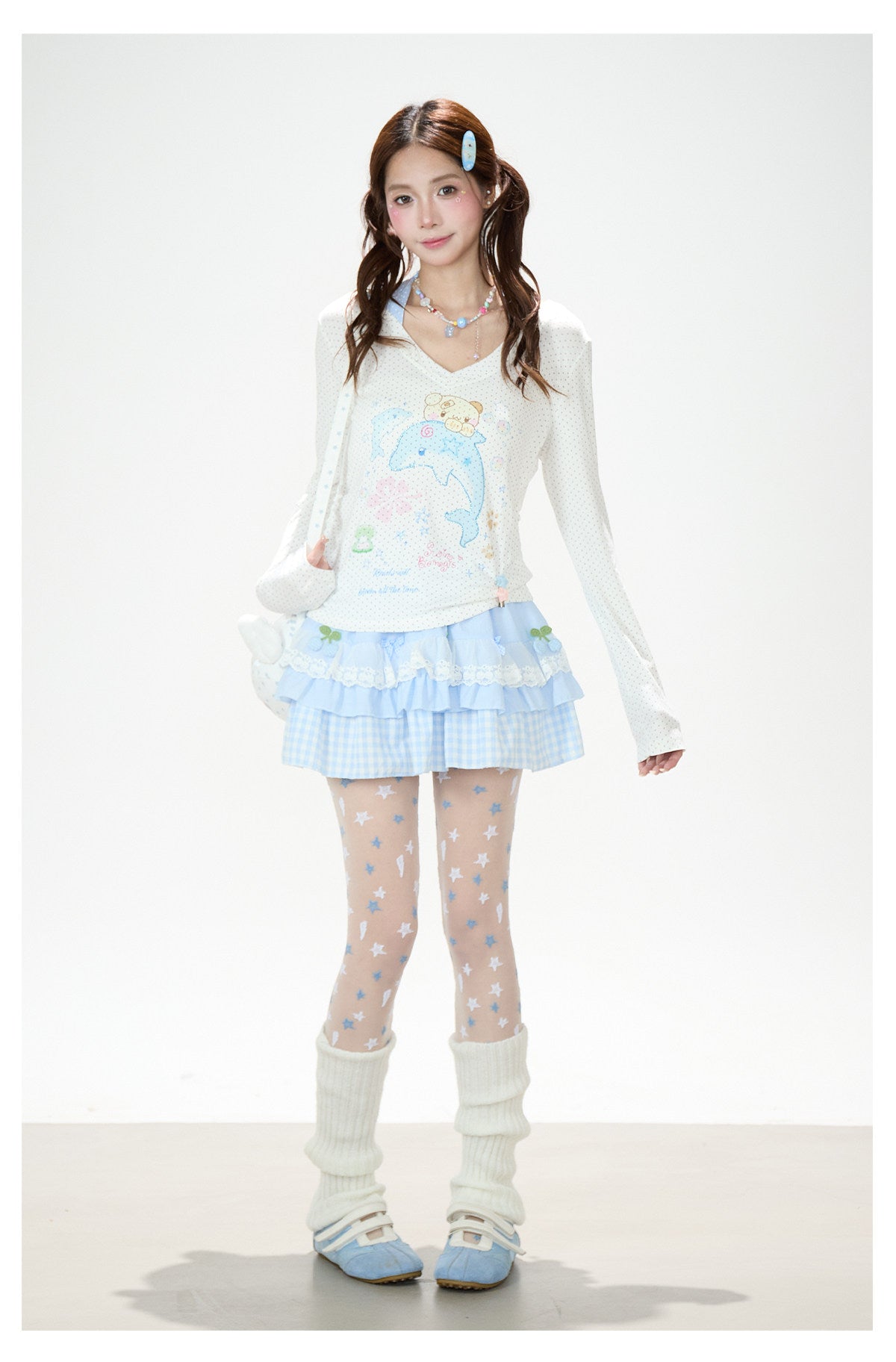 Dreamy Dolphin Polka-Dot V-Neck Long Sleeve Top & Gingham Ruffle Mini Skirt