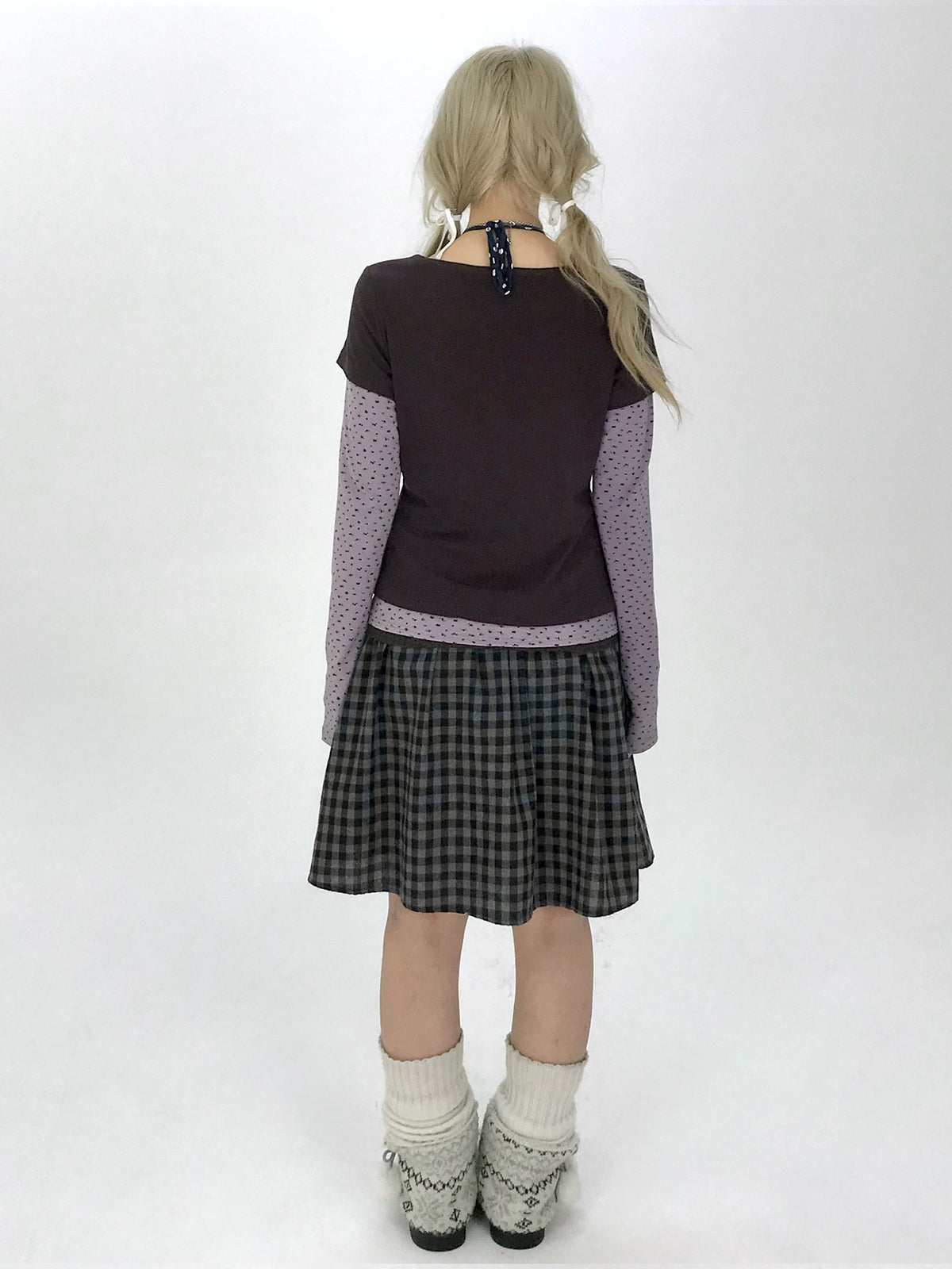 Striped Polka Dot Faux-Layered Button Long Sleeve Top