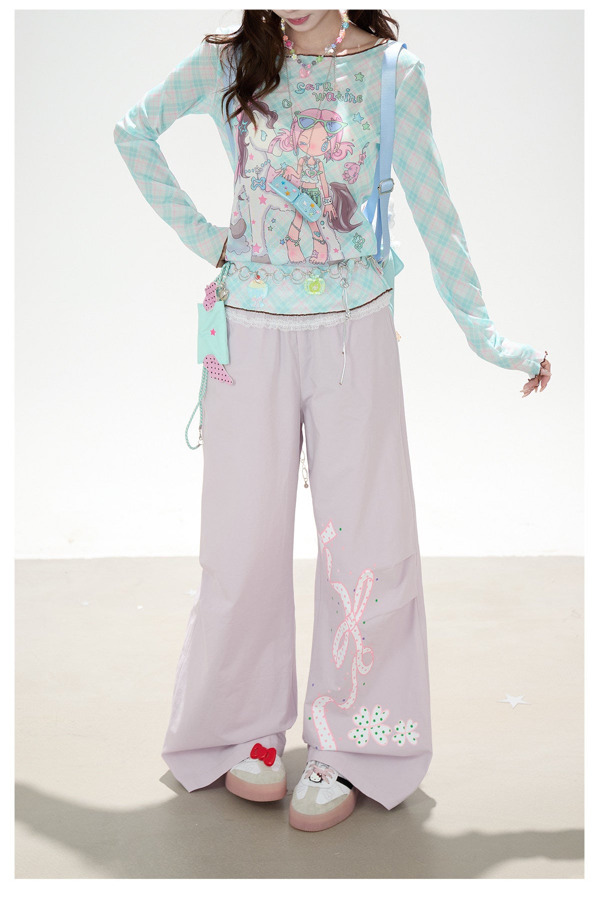 Pastel Anime Plaid Long Sleeve Top & Camo Lace-Trim Midi Skirt