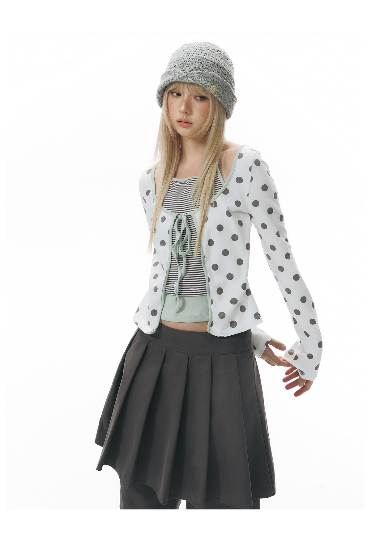 Polka Dot Tie-Front Layered Halter Long Sleeve Top
