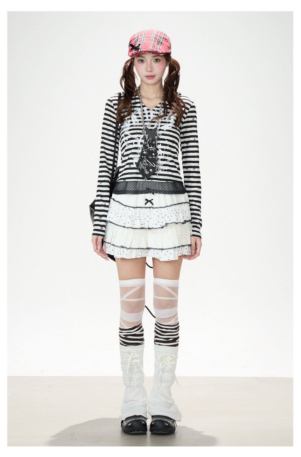 Star Stripe Bunny-Ear Hooded V-Neck Long Sleeve Top