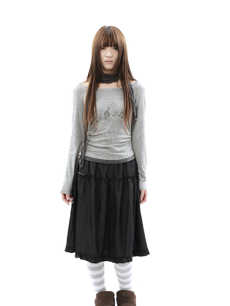 Music Note Striped Layered Long Sleeve Top with Scarf