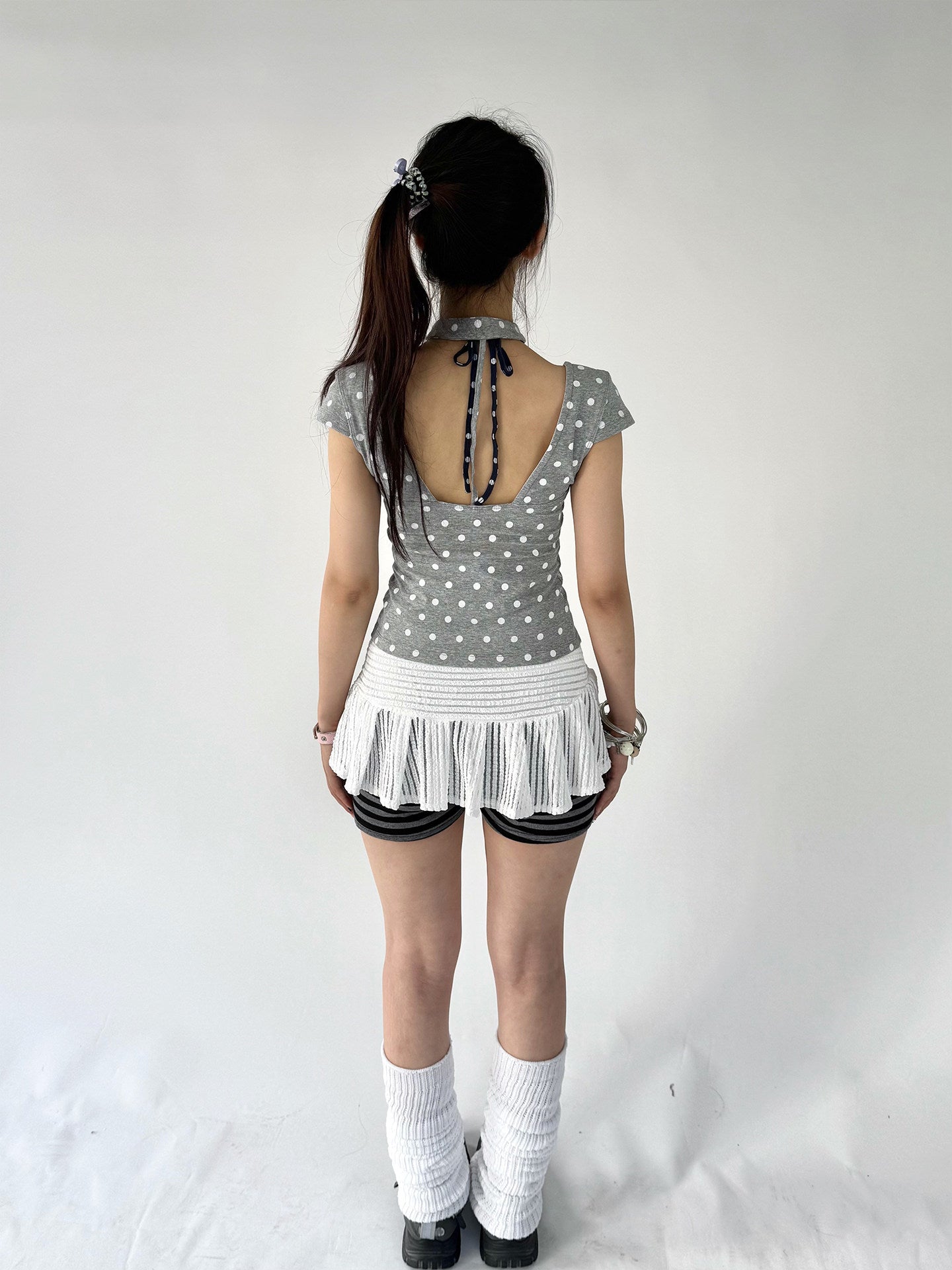 Mechanical Bear Polka Dot V-Neck Fitted Tee with Choker