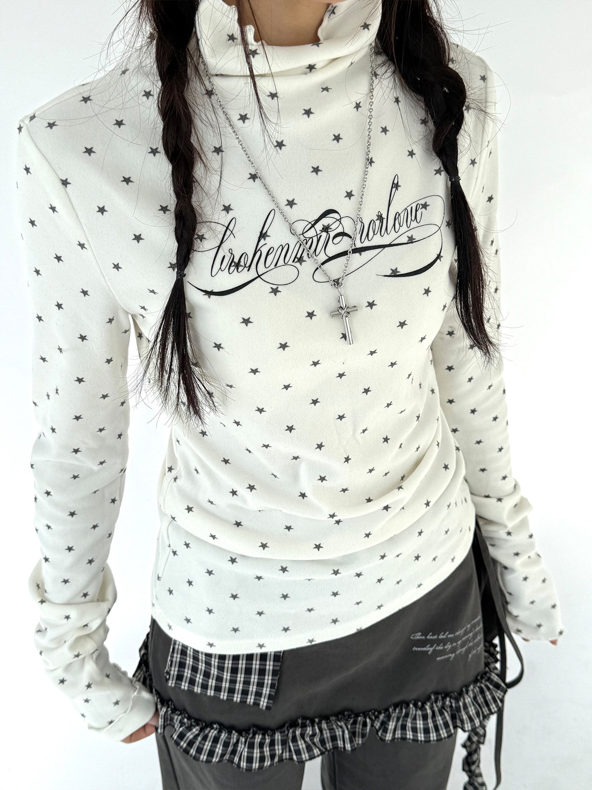 Star Print Mock Neck Thermal Long Sleeve Top