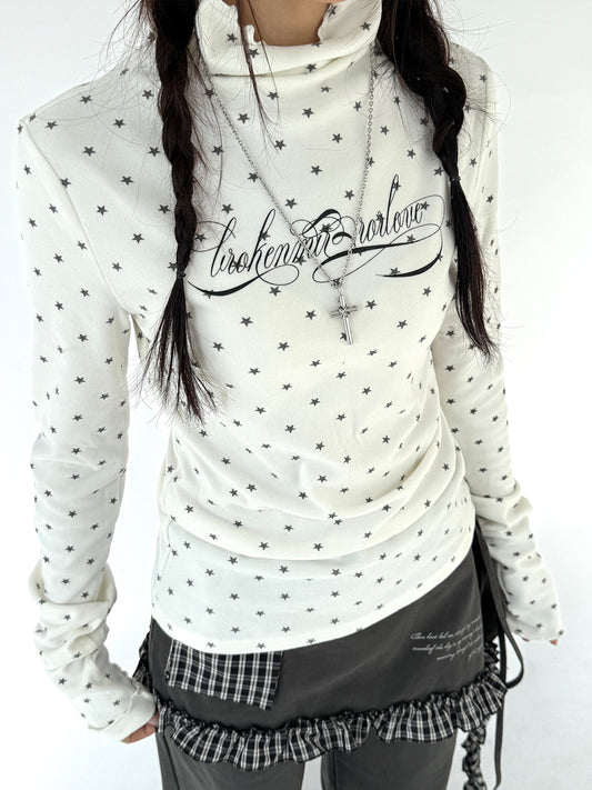 Star Print Mock Neck Thermal Long Sleeve Top