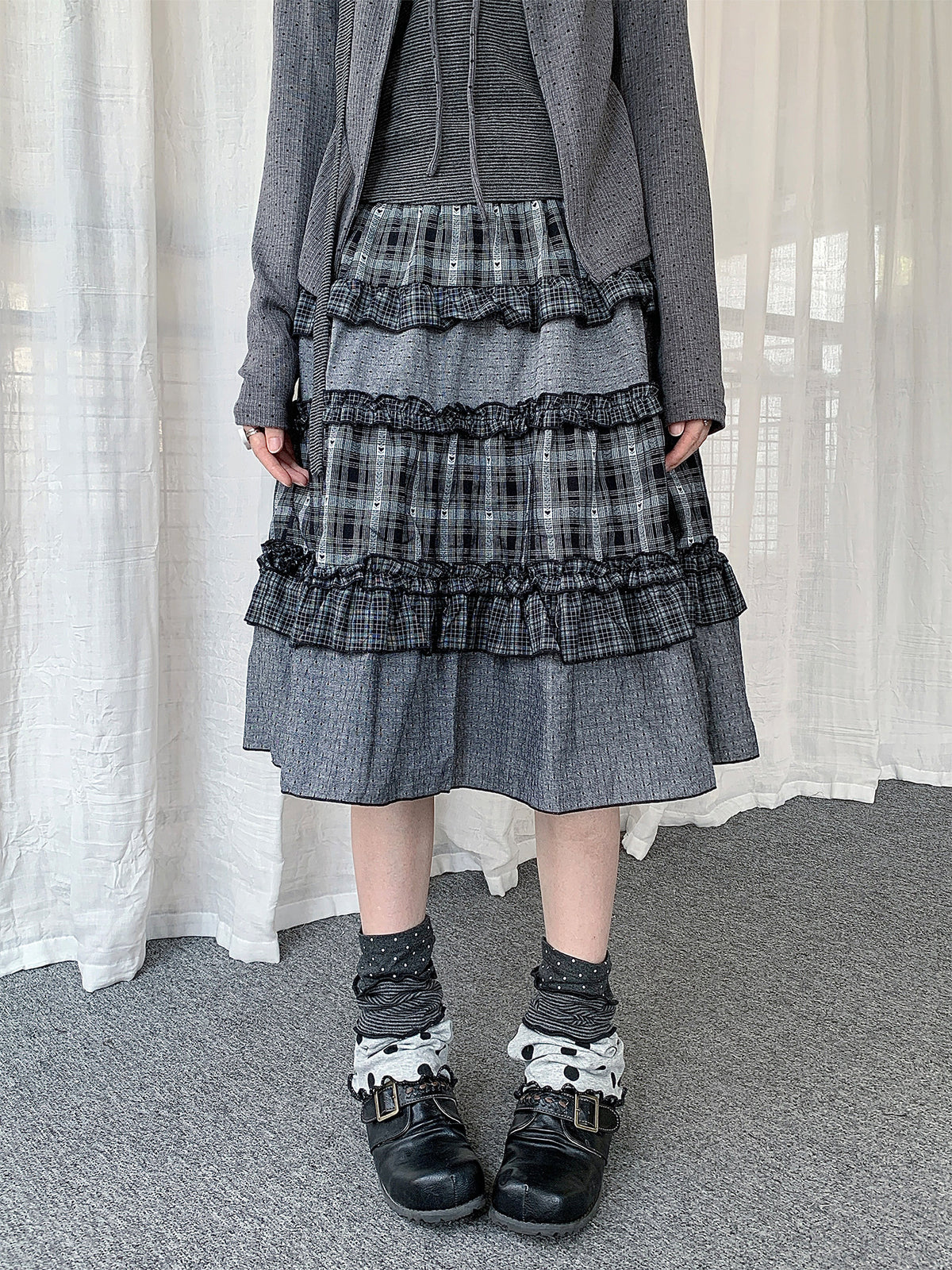 Plaid Ruffle Tiered Midi Skirt