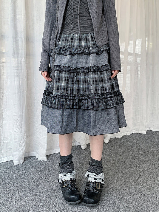 Plaid Ruffle Tiered Midi Skirt