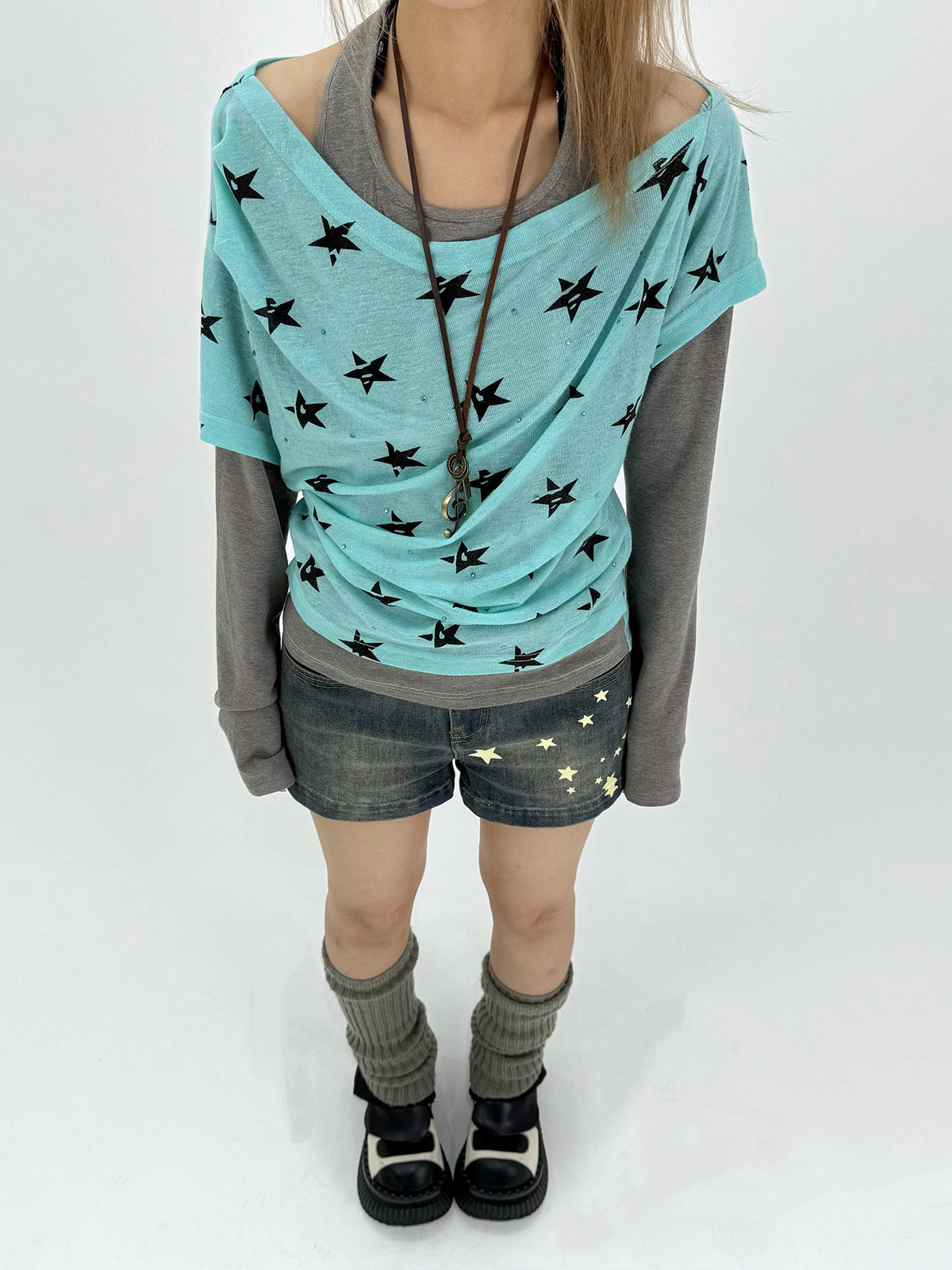 Star Print Faux-Layered Off-Shoulder Long Sleeve Top