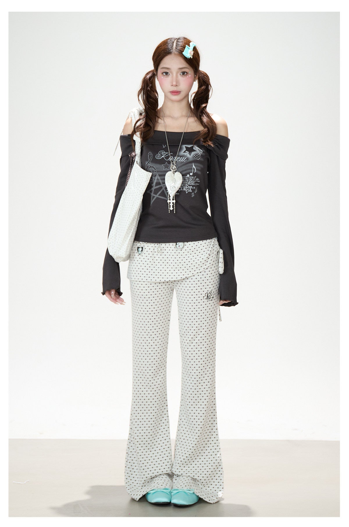 Polka Dot Ruffle Overlay Flare Sweatpants
