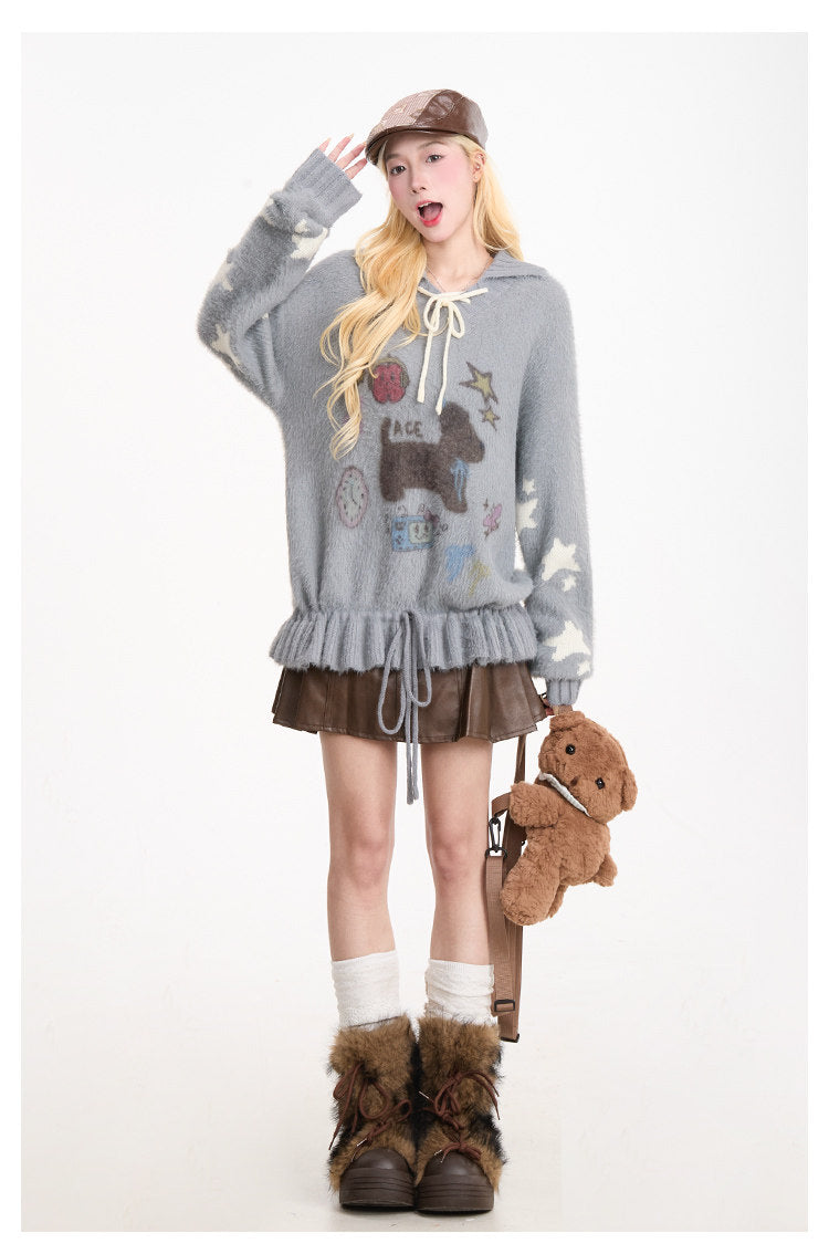 Puppy Graphic Bow-Collar Oversized Knit Sweater