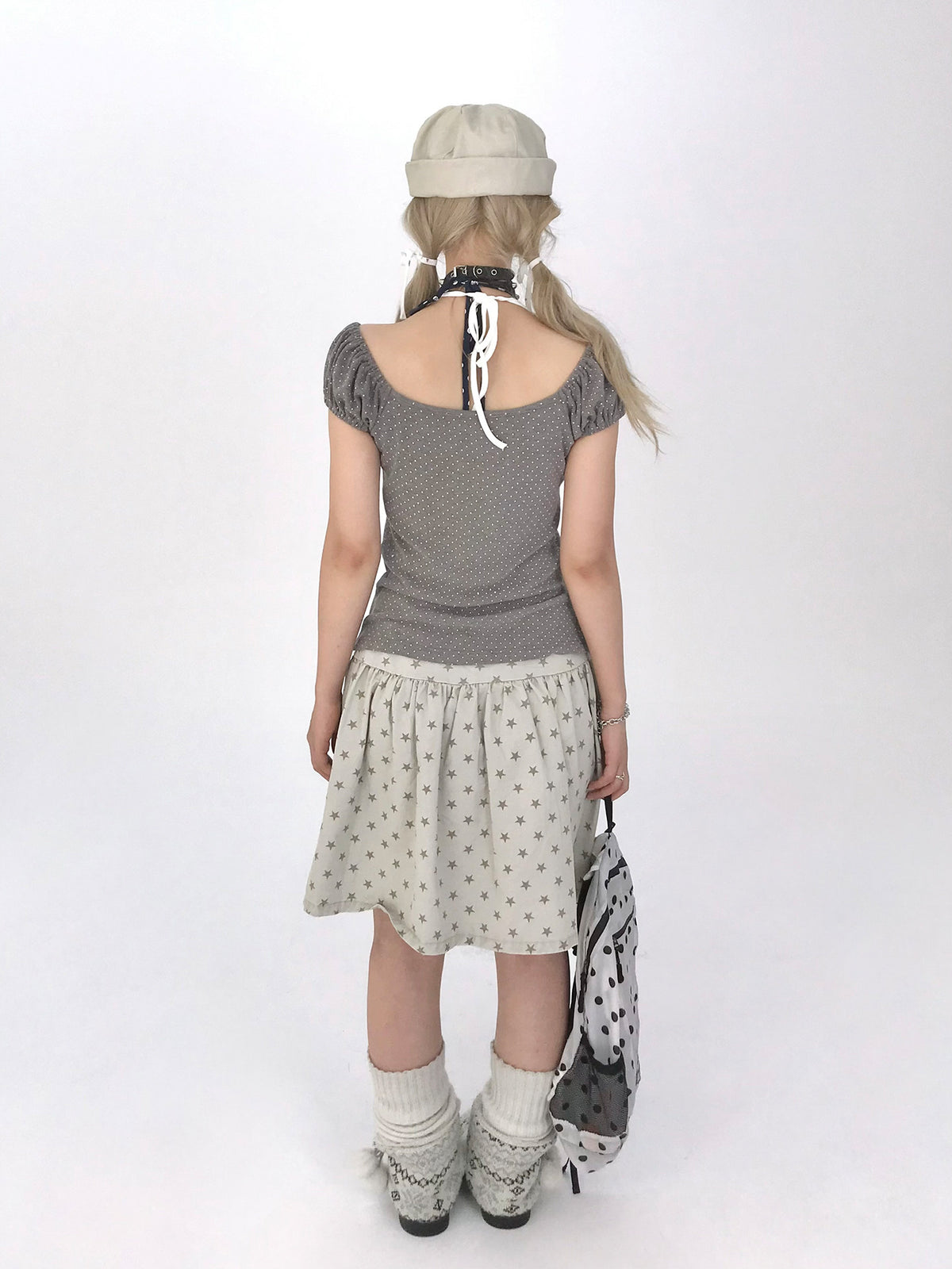 Polka Dot Mesh Panel Faux-Layered Short Sleeve Top
