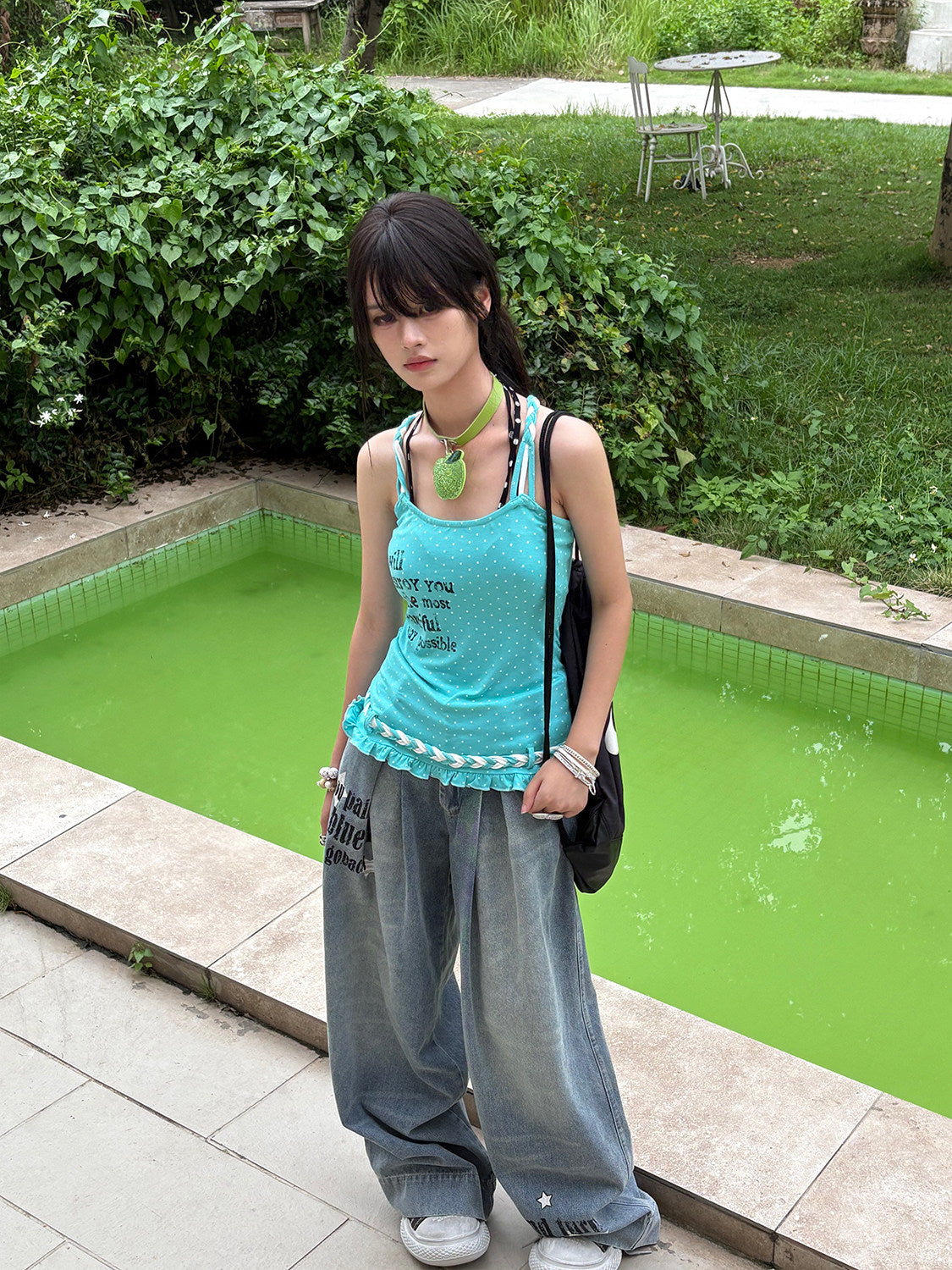 Aqua Polka Dot Braided Ruffle Tank Top