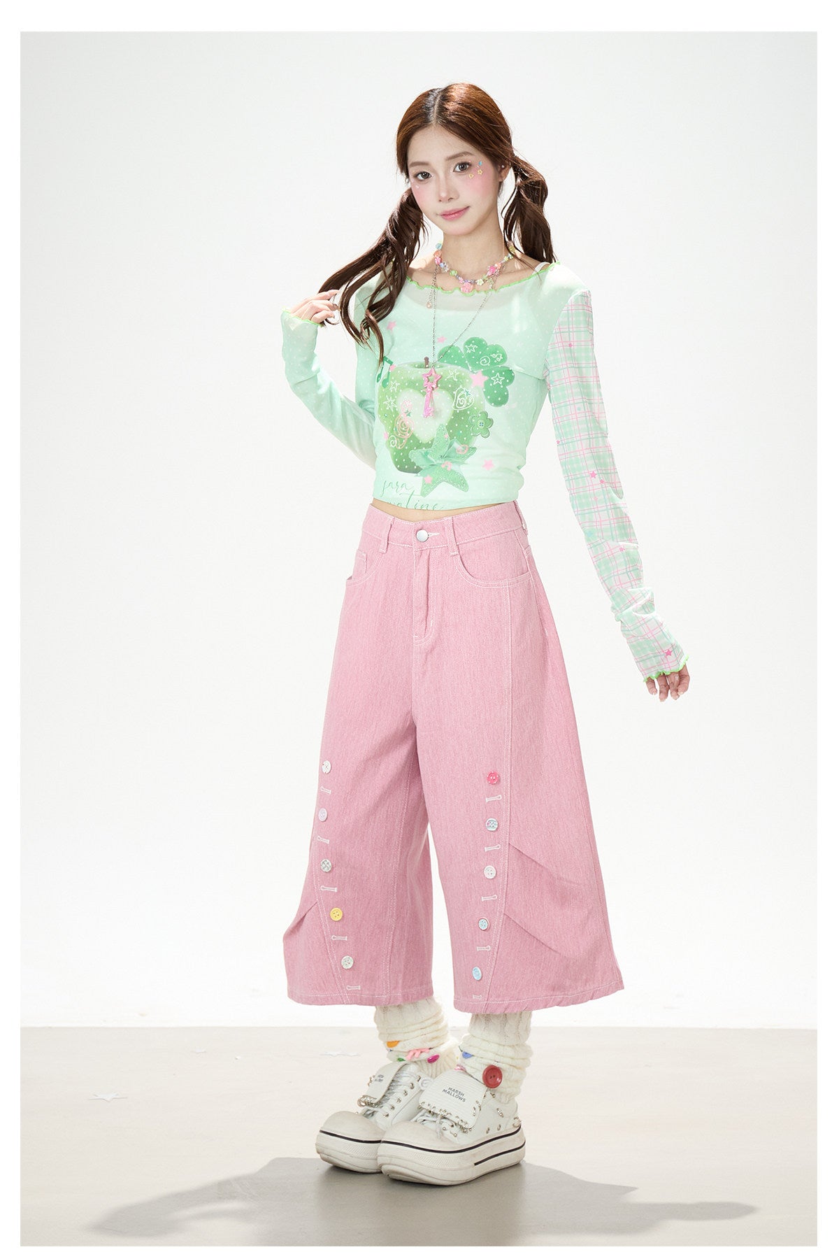 Apple Plaid Mesh Long Sleeve Top & Pink Polka Dot Wide Leg Pants