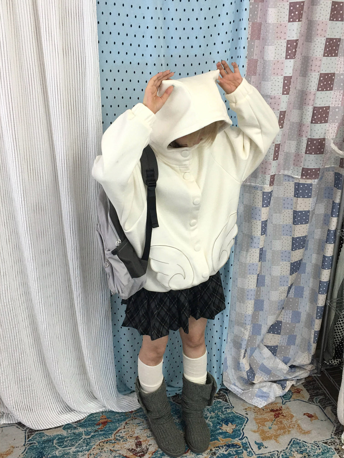 Dusty Blue & Ivory Fleece-Lined Cat Ear Wing Pocket Hooded Jacket