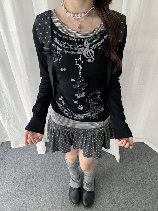 Vintage Graphic Layered Long Sleeve Top