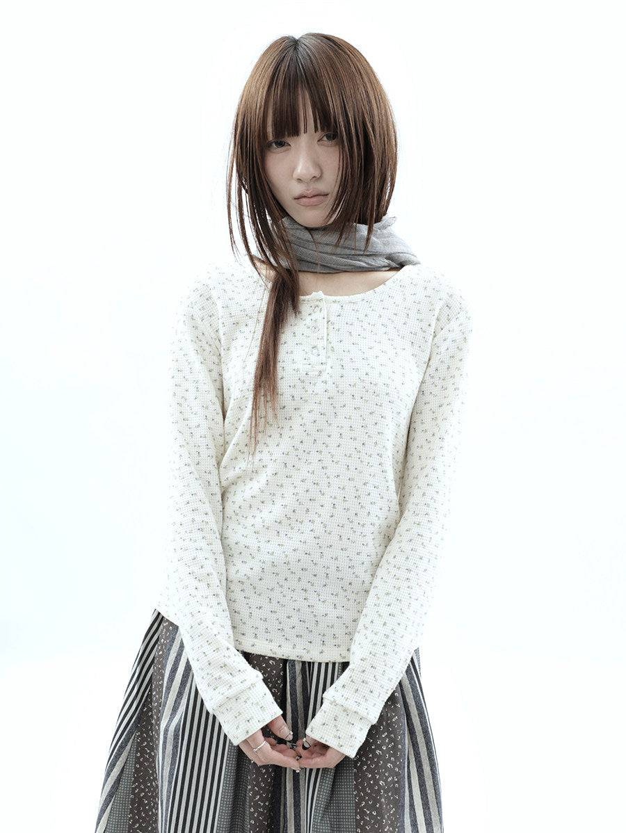 Tiny Floral Waffle Henley Long Sleeve Top