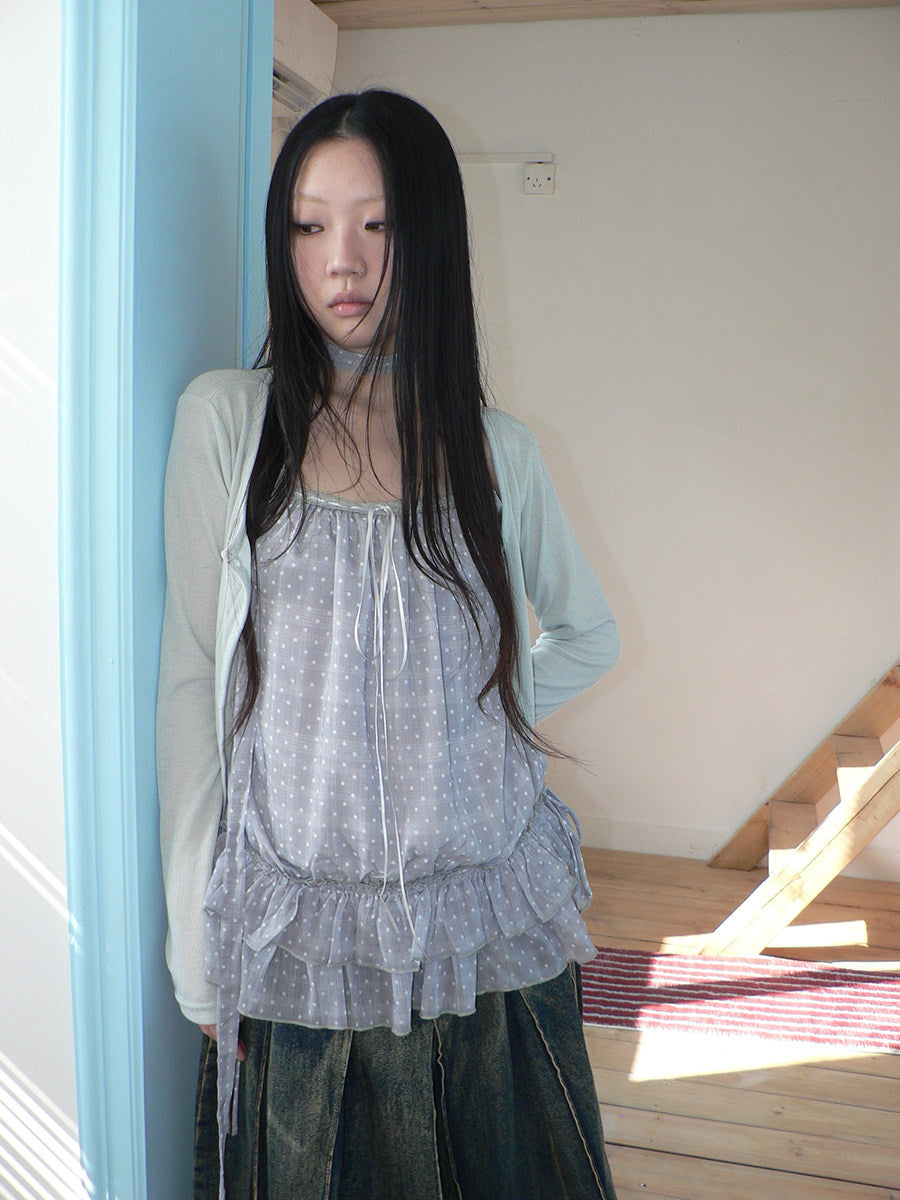 Polka Dot Ruffle Camisole & Cardigan Set with Scarf