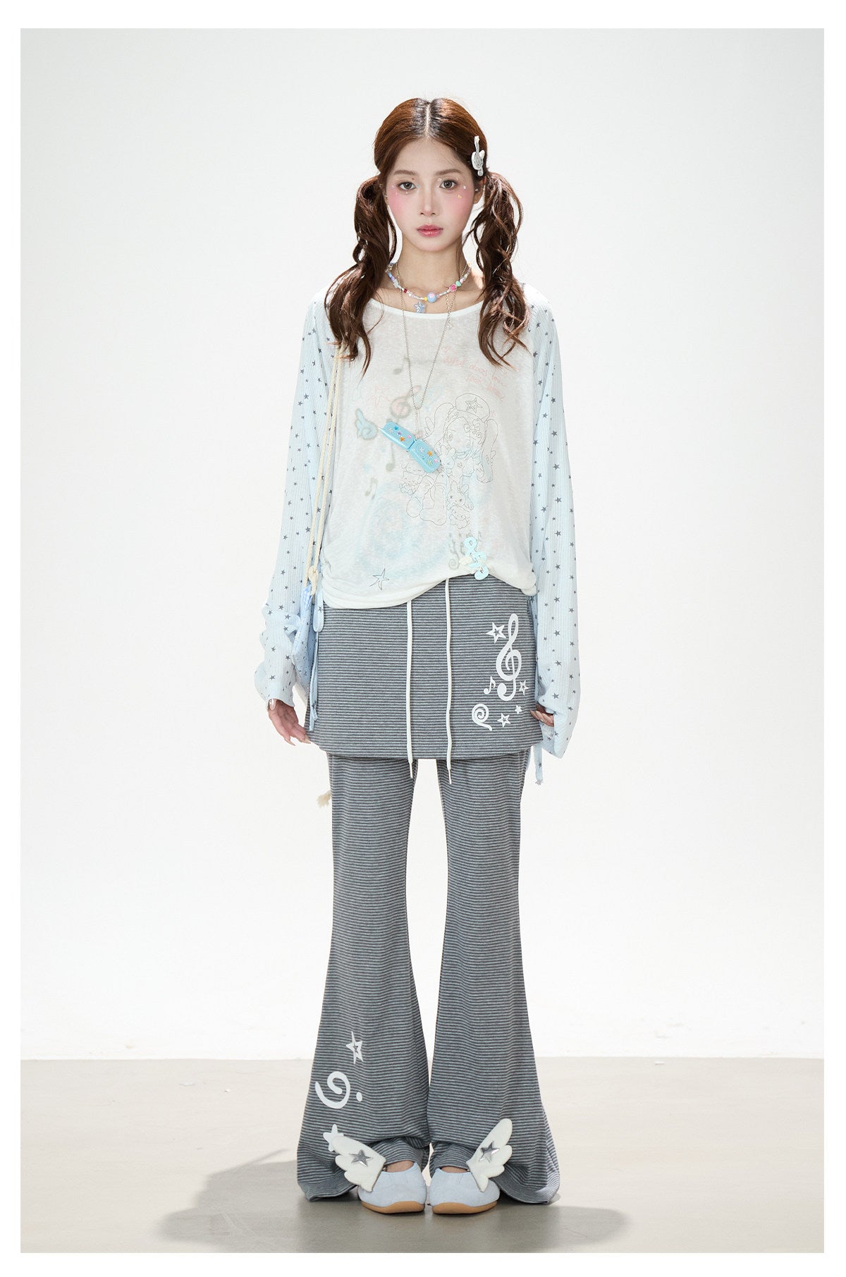 Dreamy Star Raglan Long Sleeve Top & Gray Striped Star Flare Pants