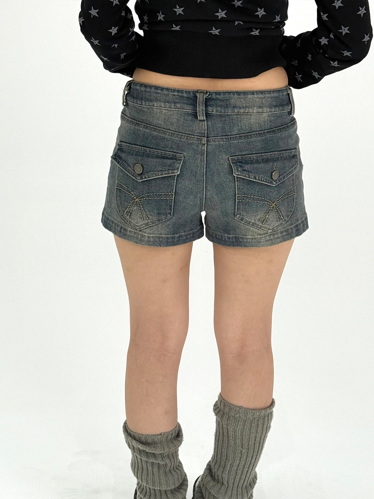 Star Print Washed Low-Rise Denim Shorts