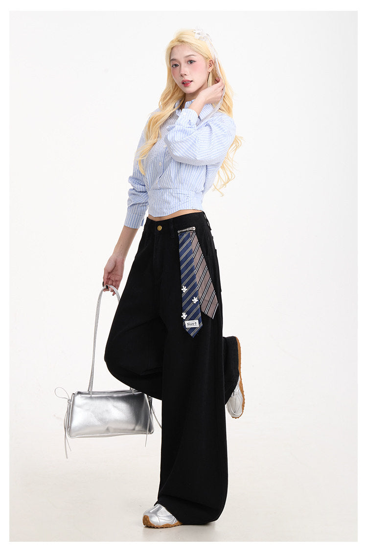 Curved-Leg Wide-Leg Pants with Detachable Tie