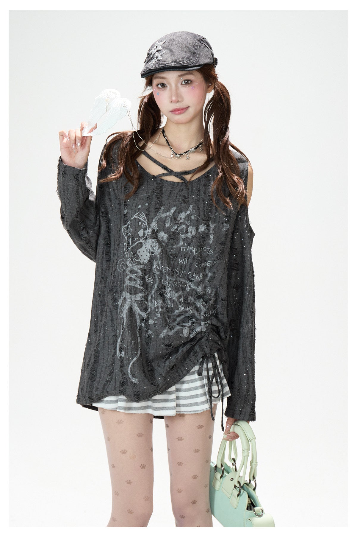 Distressed Cartoon Off-Shoulder Long Sleeve Top & Black Striped Mini Skirt