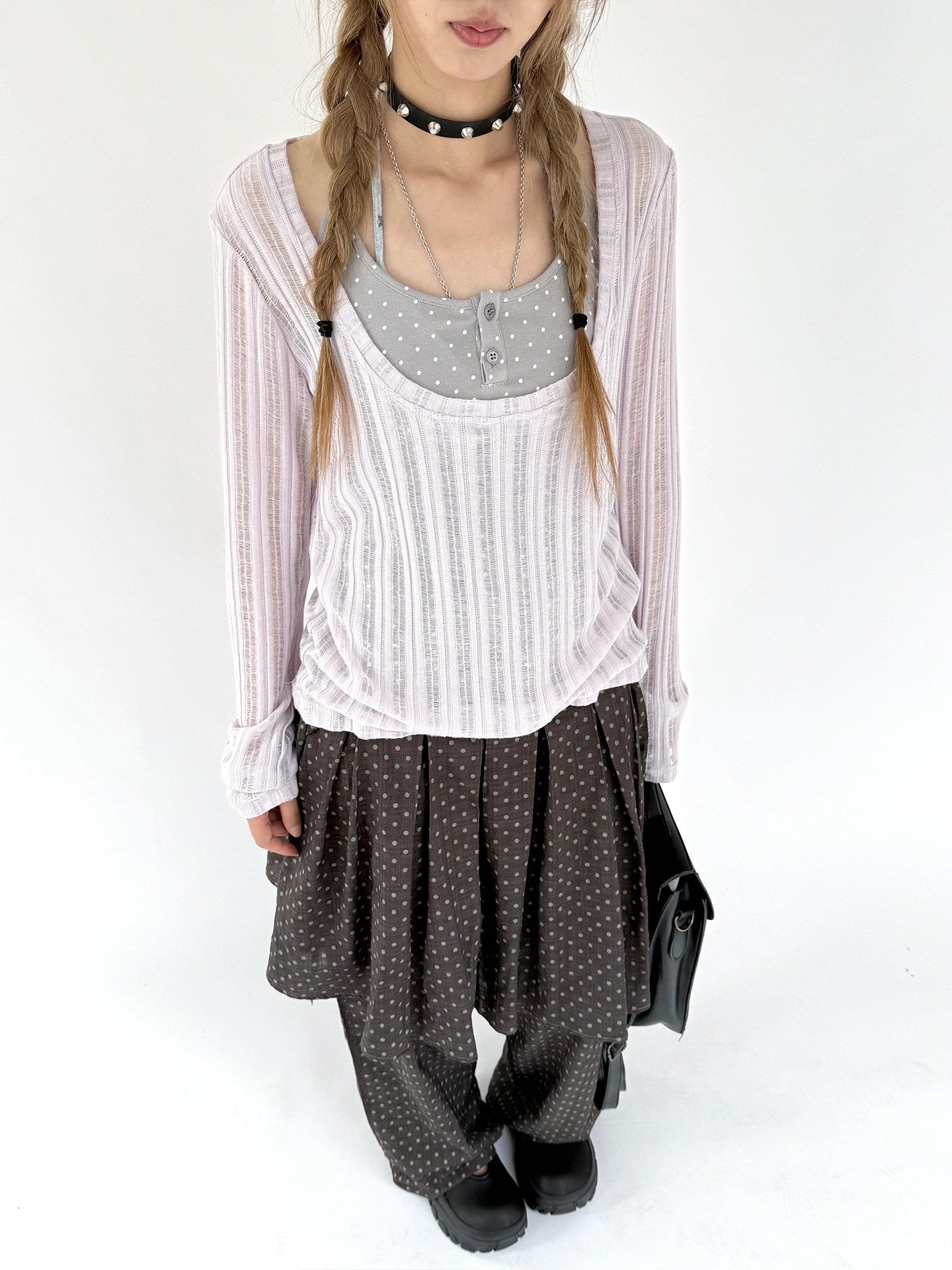 Wisteria Open-Knit Faux-Layer Long Sleeve Top