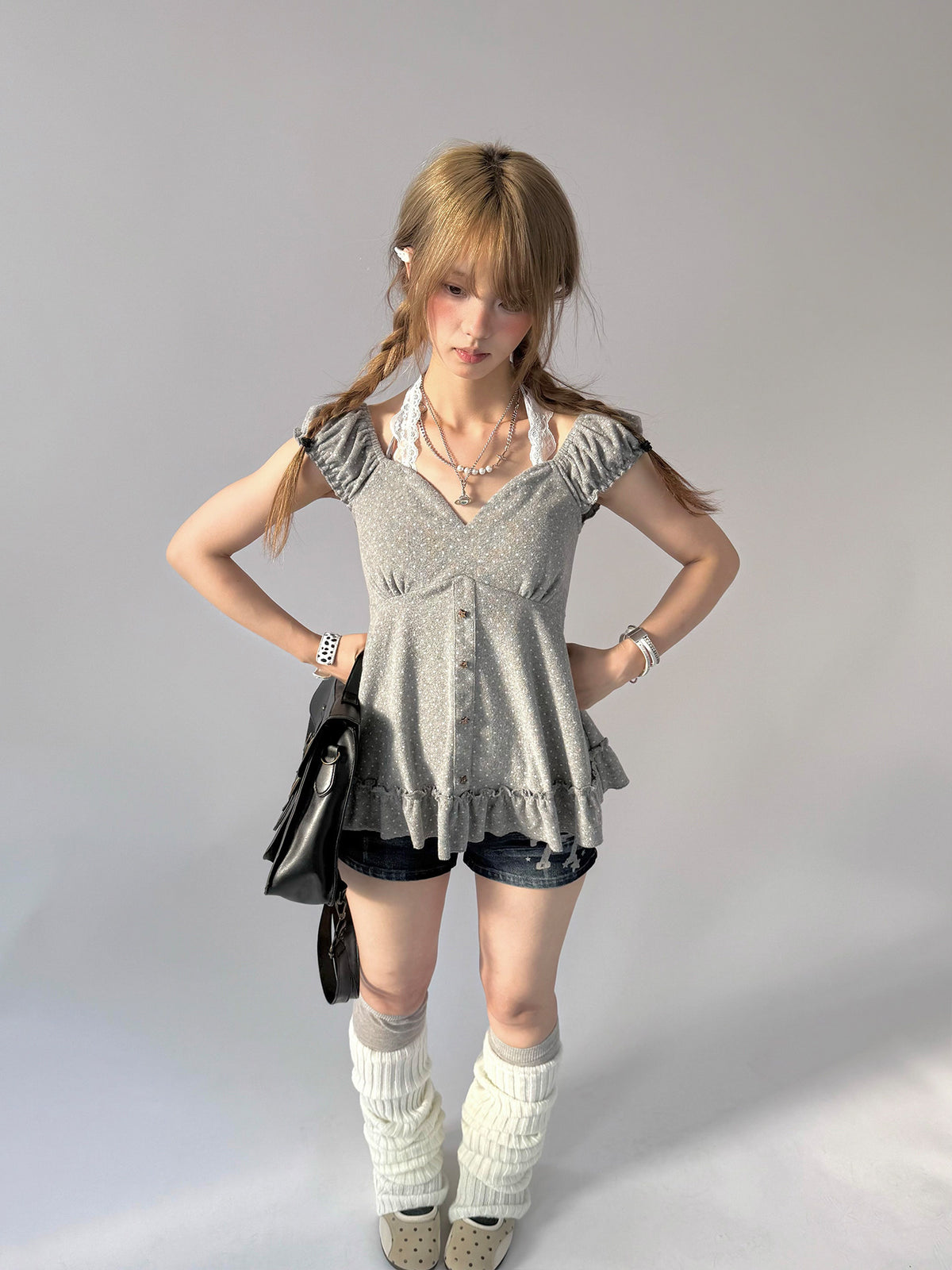 Polka Dot Lace Halter Ruffle Tee