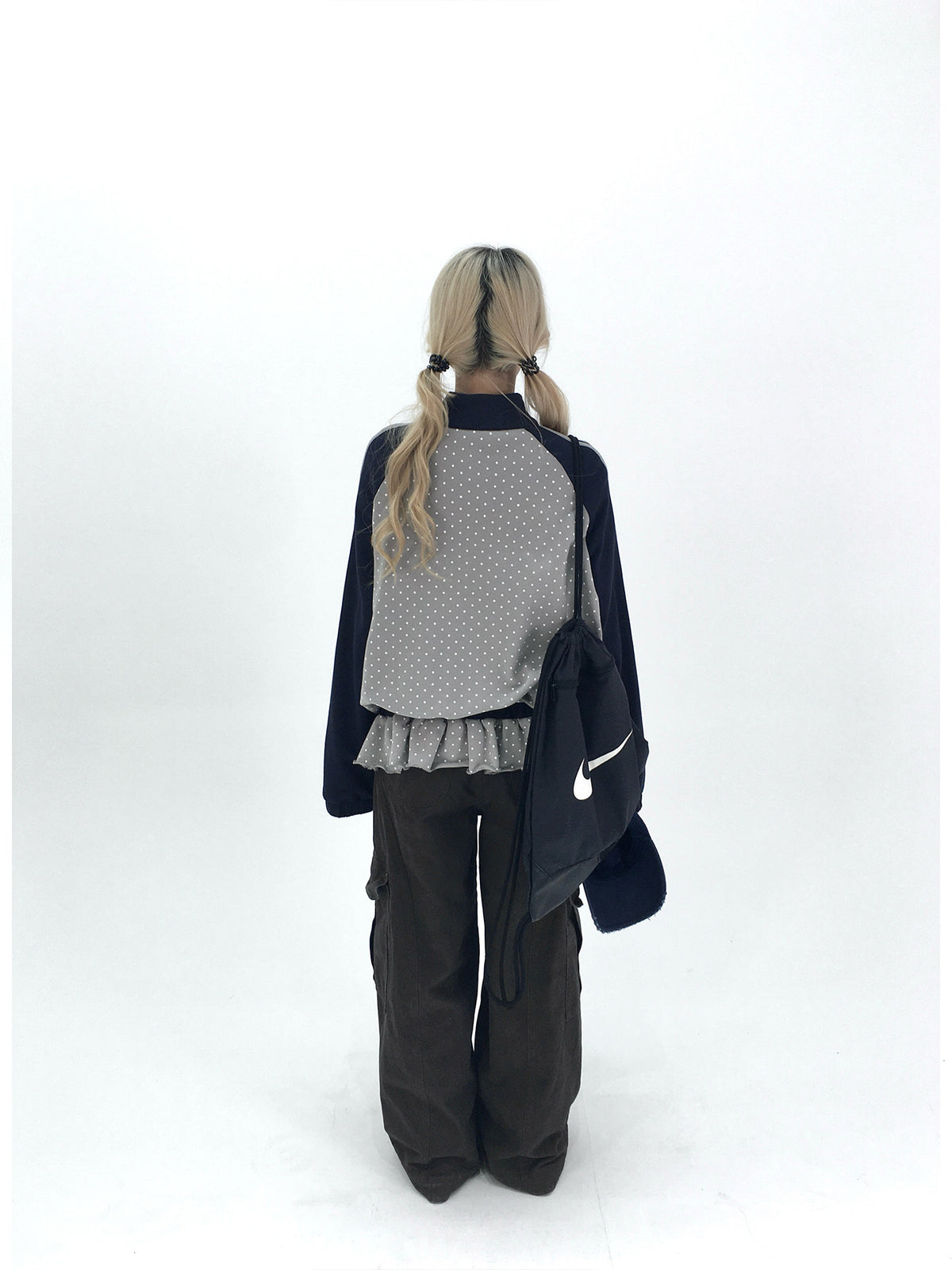 Gray Polka Dot Triple-Stripe Ruffle Zip Jacket