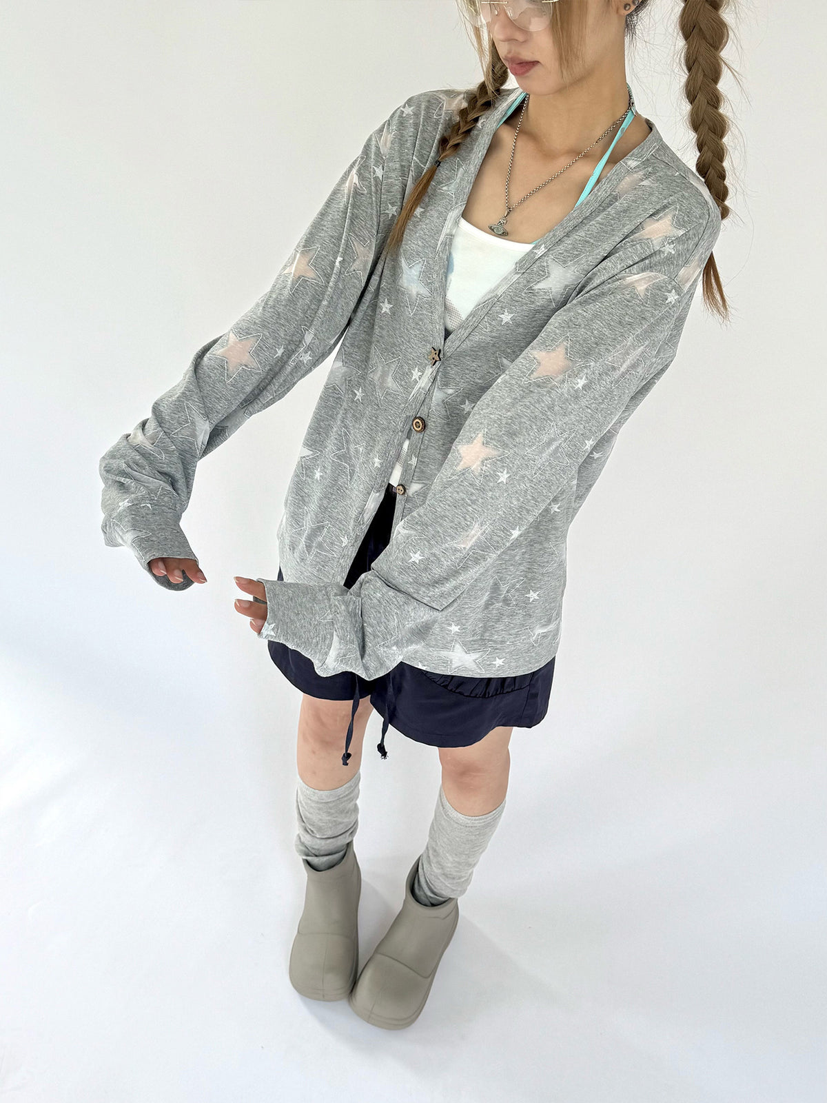 Star Print Lightweight V-Neck Cardigan