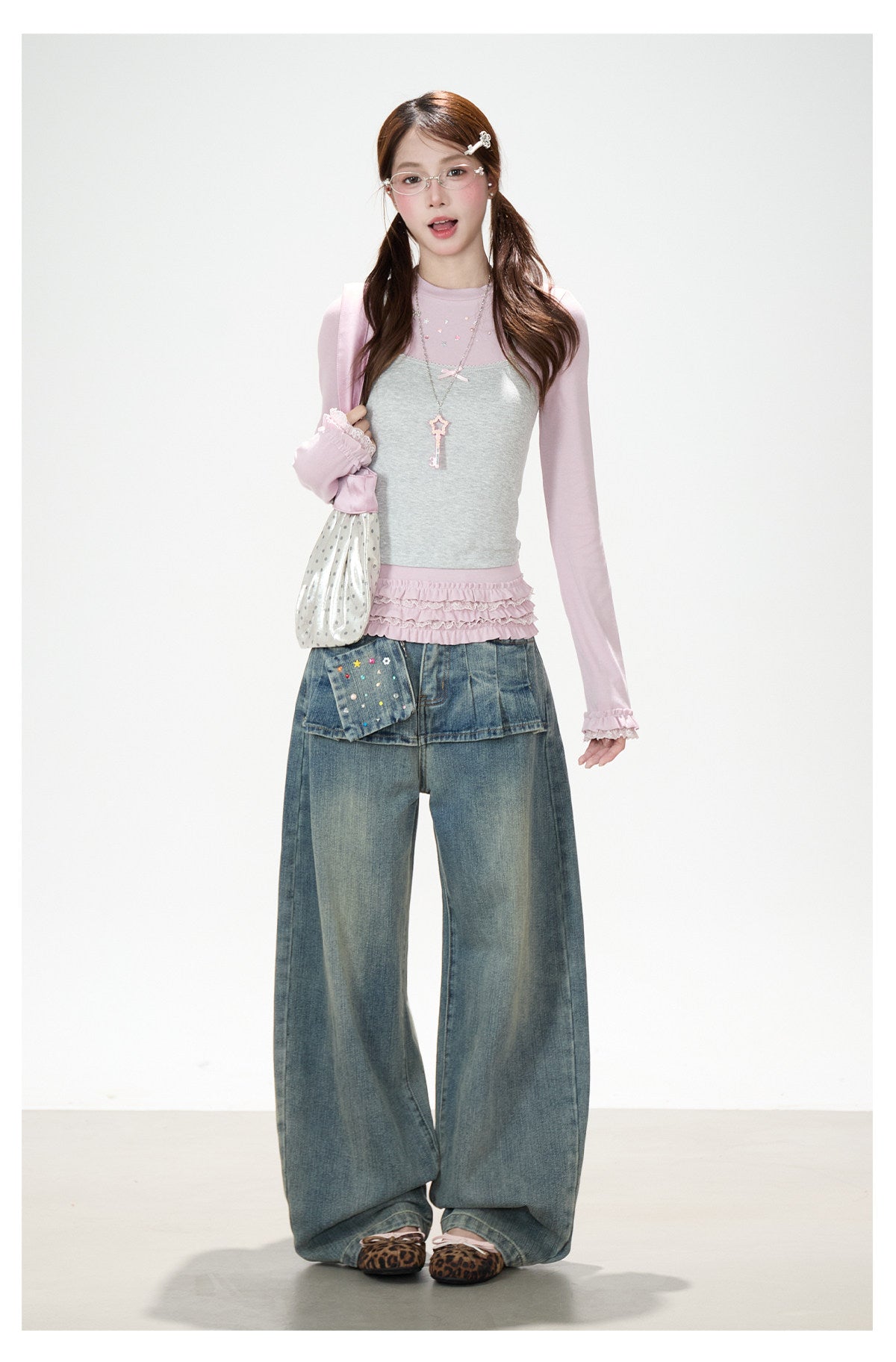 Gray-Pink Faux-Layered Lace Ruffle Long Sleeve Top