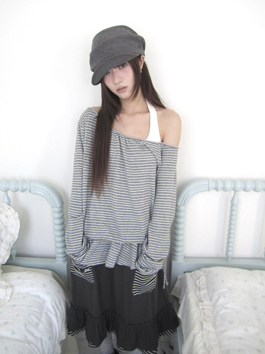 Striped Off-Shoulder Ruffle Layered Long Sleeve Top