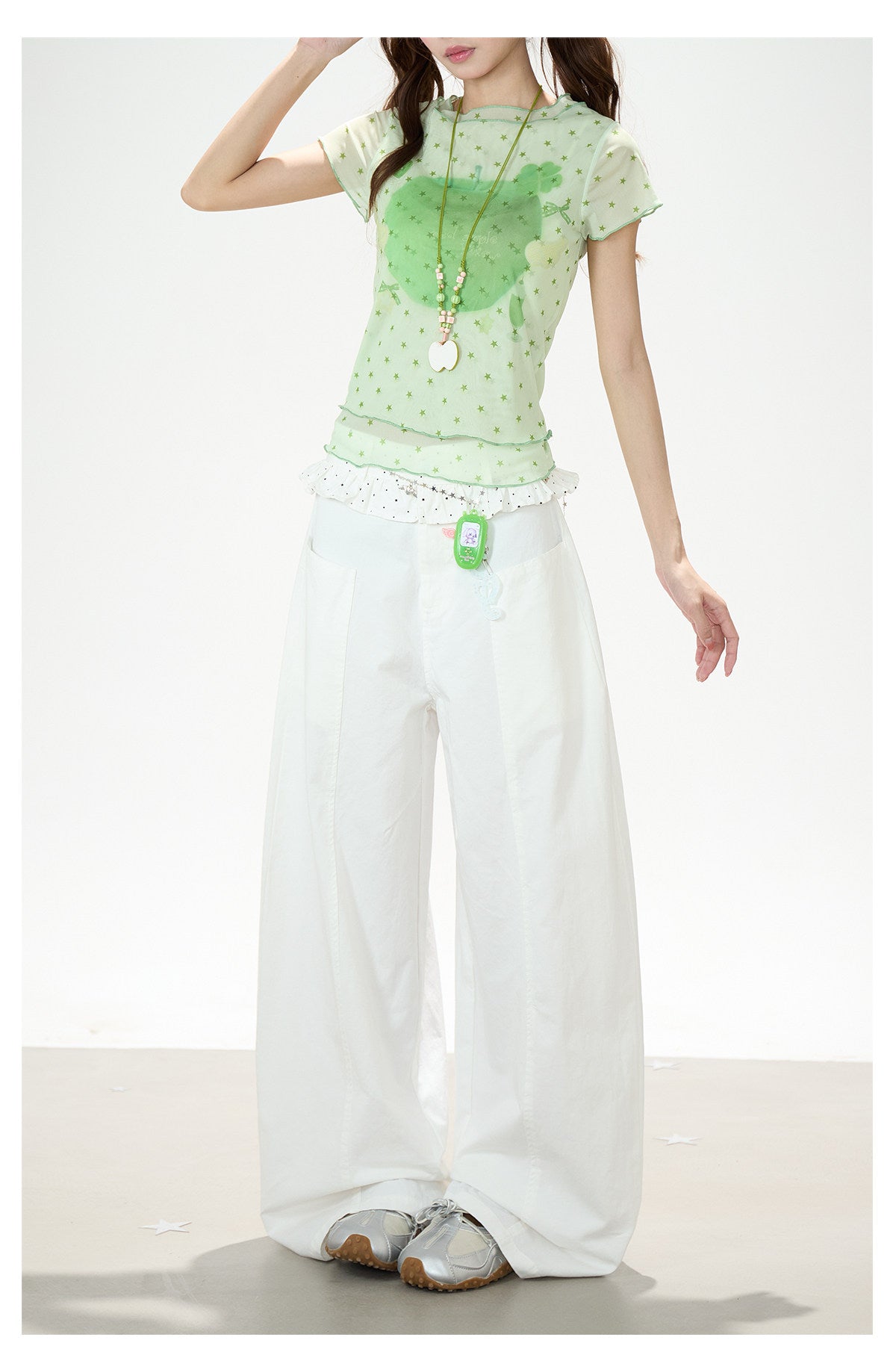 Star Mesh Baby Tee & White Wide-Leg Pants