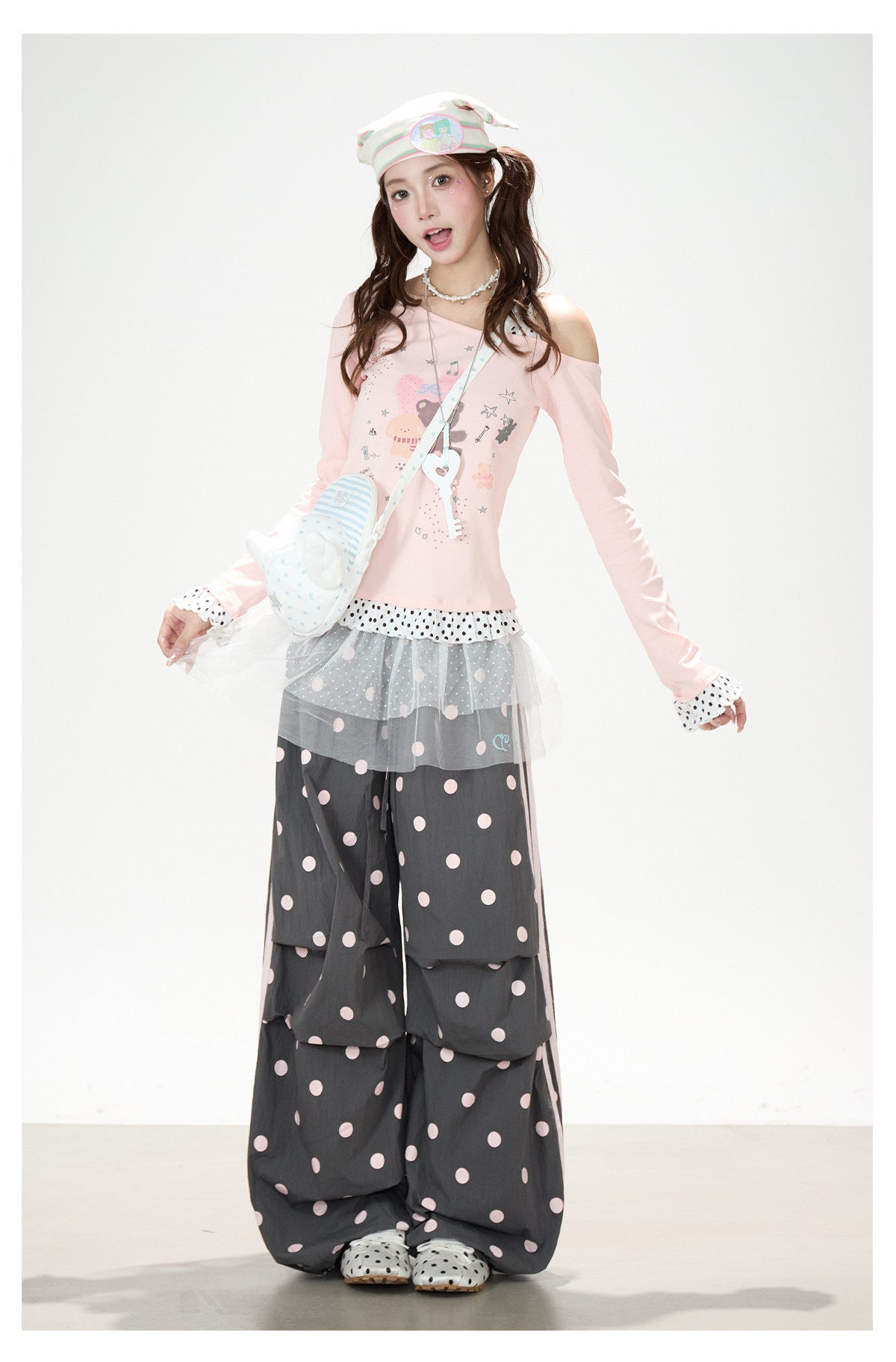 Dreamy Cartoon Off-Shoulder Layered Long Sleeve Top & Polka Dot Wide-Leg Pants