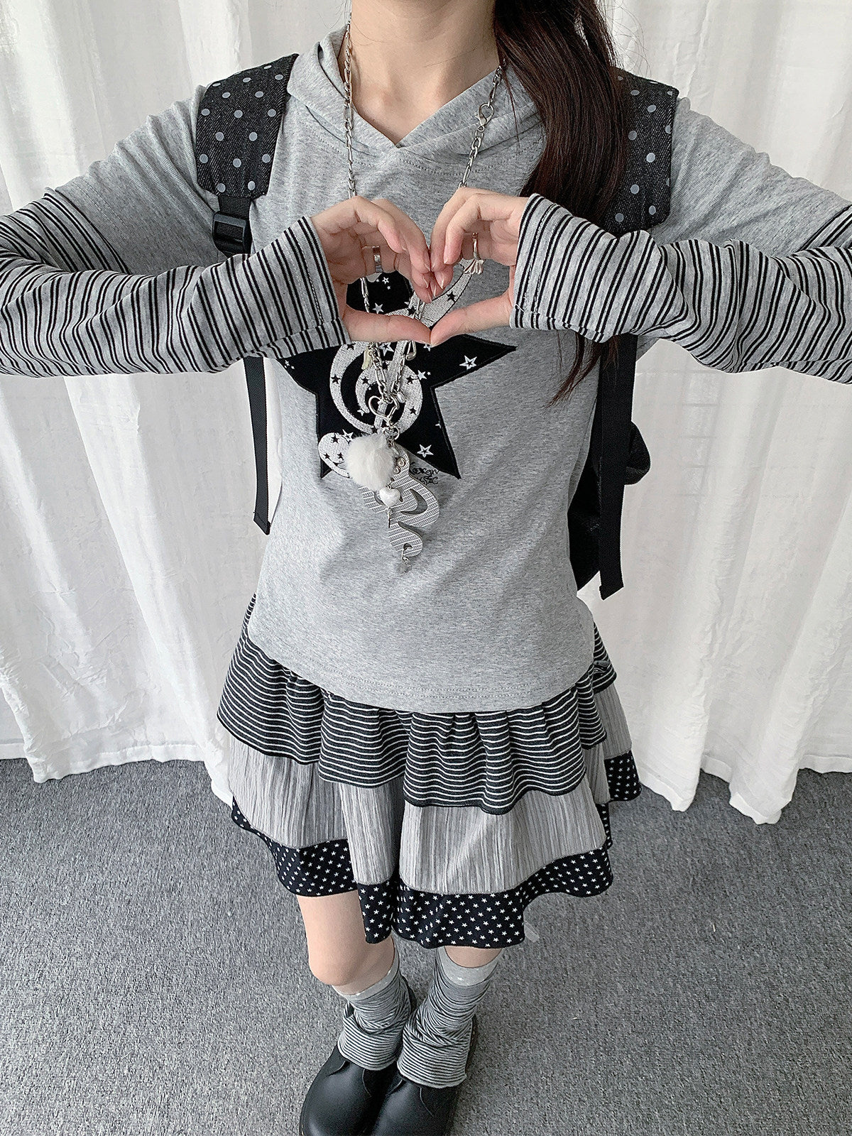 Star Music Note Layered Hooded Long Sleeve Top